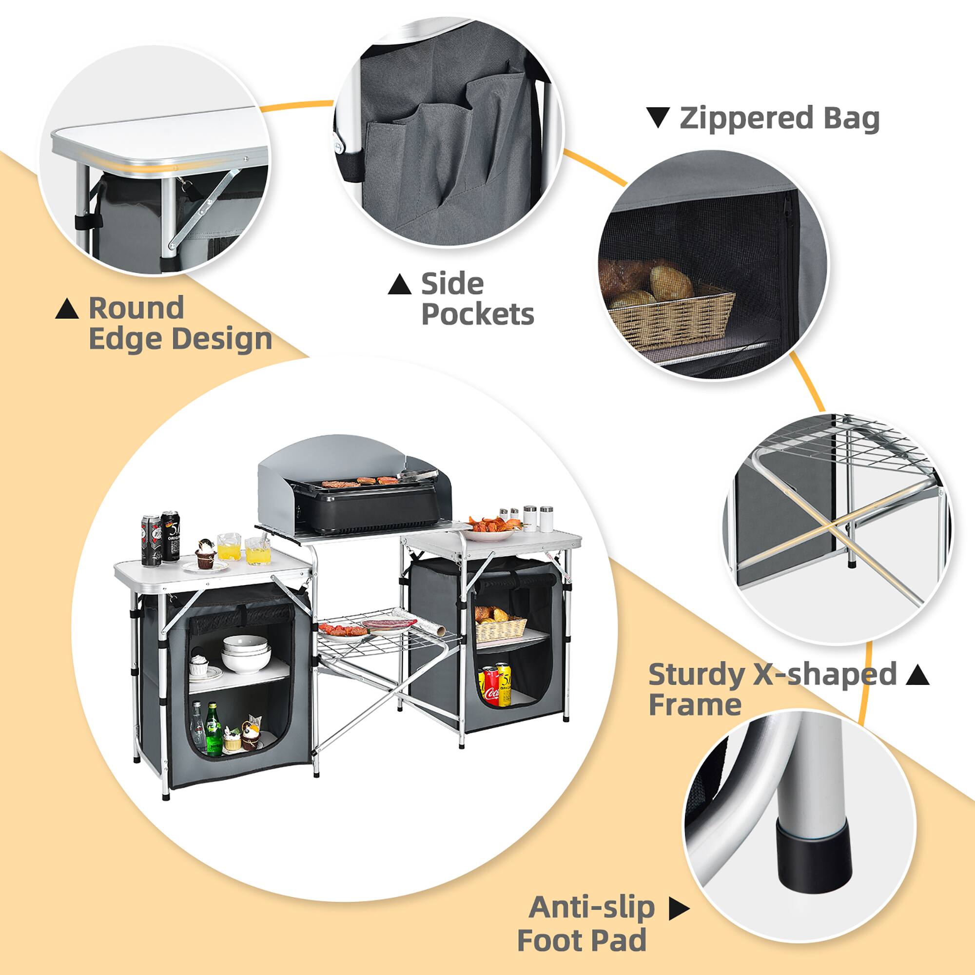 Zippered Bag: A zippered bag is shown in the image, which is a part of the outdoor furniture set.
Round Edge Design: The image features a round edge design, which is a part of the outdoor furniture set.
Side Pockets: The image shows side pockets, which are a part of the outdoor furniture set.
Sturdy X-shaped Frame: The image features a sturdy X-shaped frame, which is a part of the outdoor furniture set.
Anti-slip Foot Pad: The image shows an anti-slip foot pad, which is a part of the outdoor furniture set.