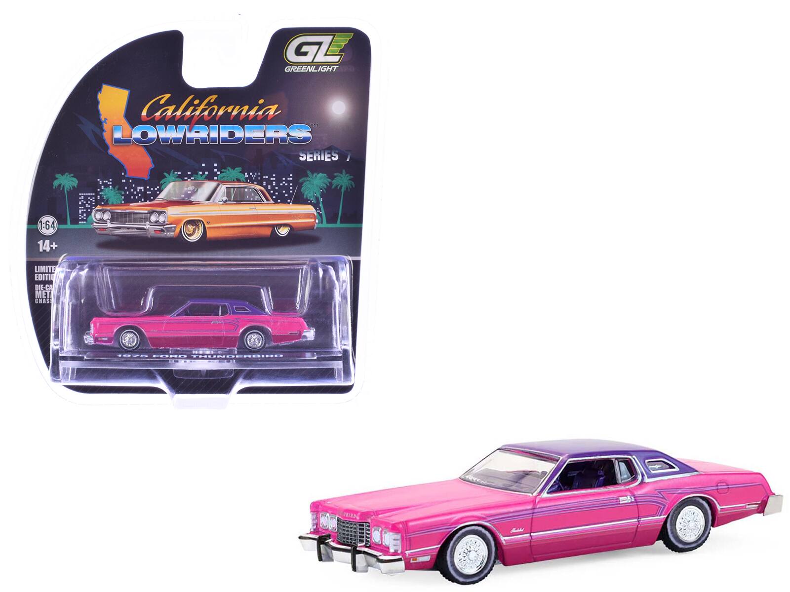 1975 Ford Thunderbird Lowrider Pink Metallic with Purple Top & Graphics & Interior 1/64 Scale Model Cars by Greenlight