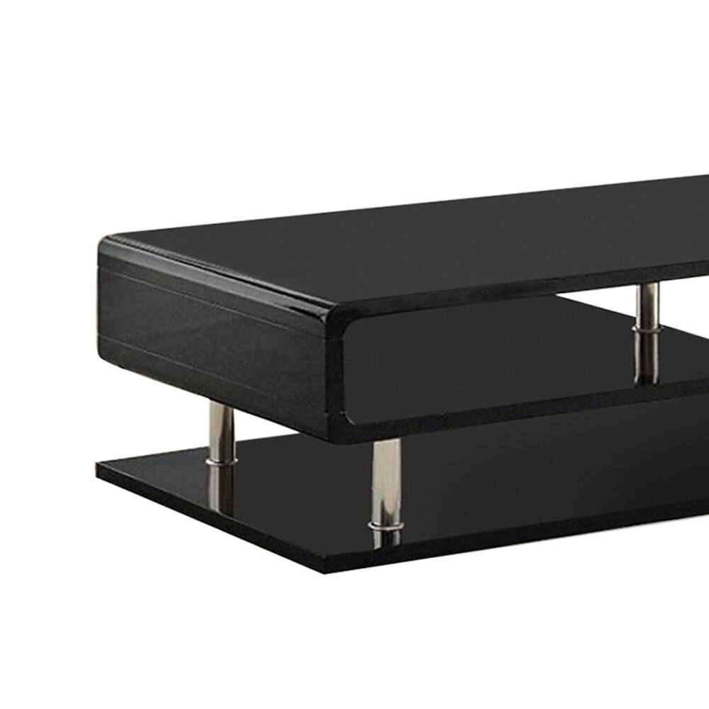 Alt View 1. Manhattan Lane - Wooden Coffee Table with Curling Shelf and Metal Poles, Black - Black.