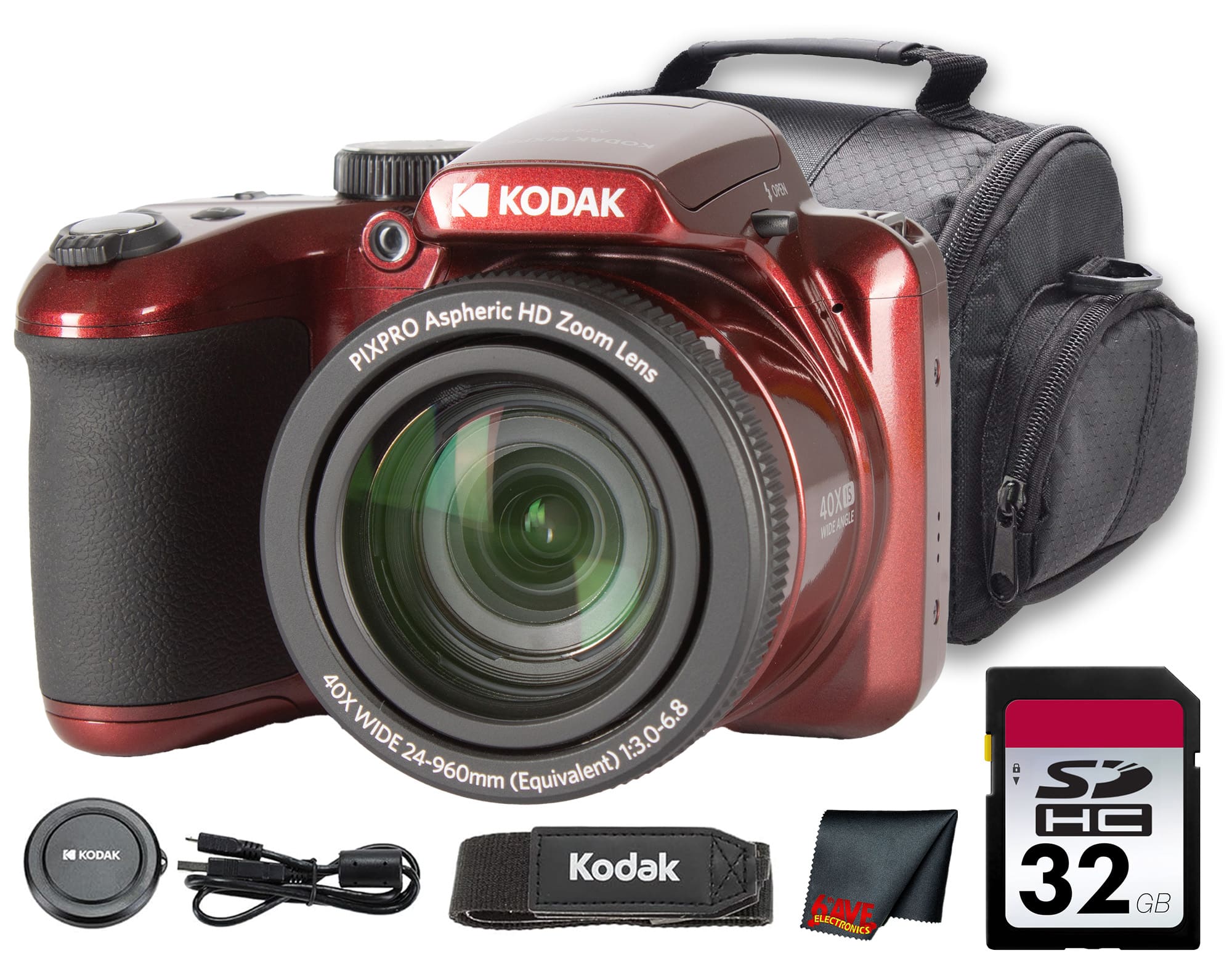 Kodak - PIXPRO AZ405 Digital Camera (Red) (AZ405RD) + 32GB Card + Bag + Cloth