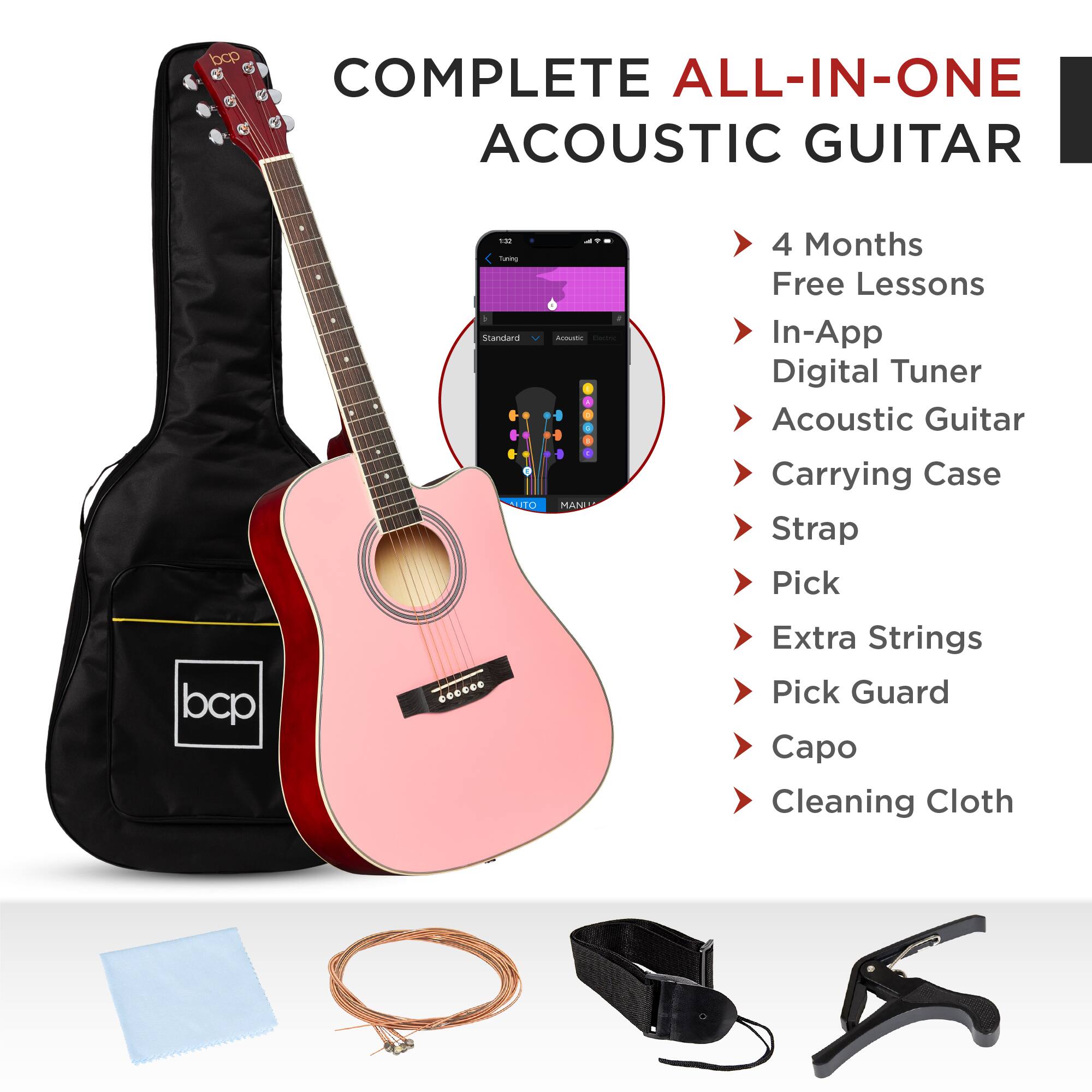 COMPLETE ALL-IN-ONE ACOUSTIC GUITAR

- 4 Months Free Lessons
- In-App Digital Tuner
- Acoustic Guitar
- Carrying Case
- Strap
- Pick
- Extra Strings
- Pick Guard
- Capo
- Cleaning Cloth