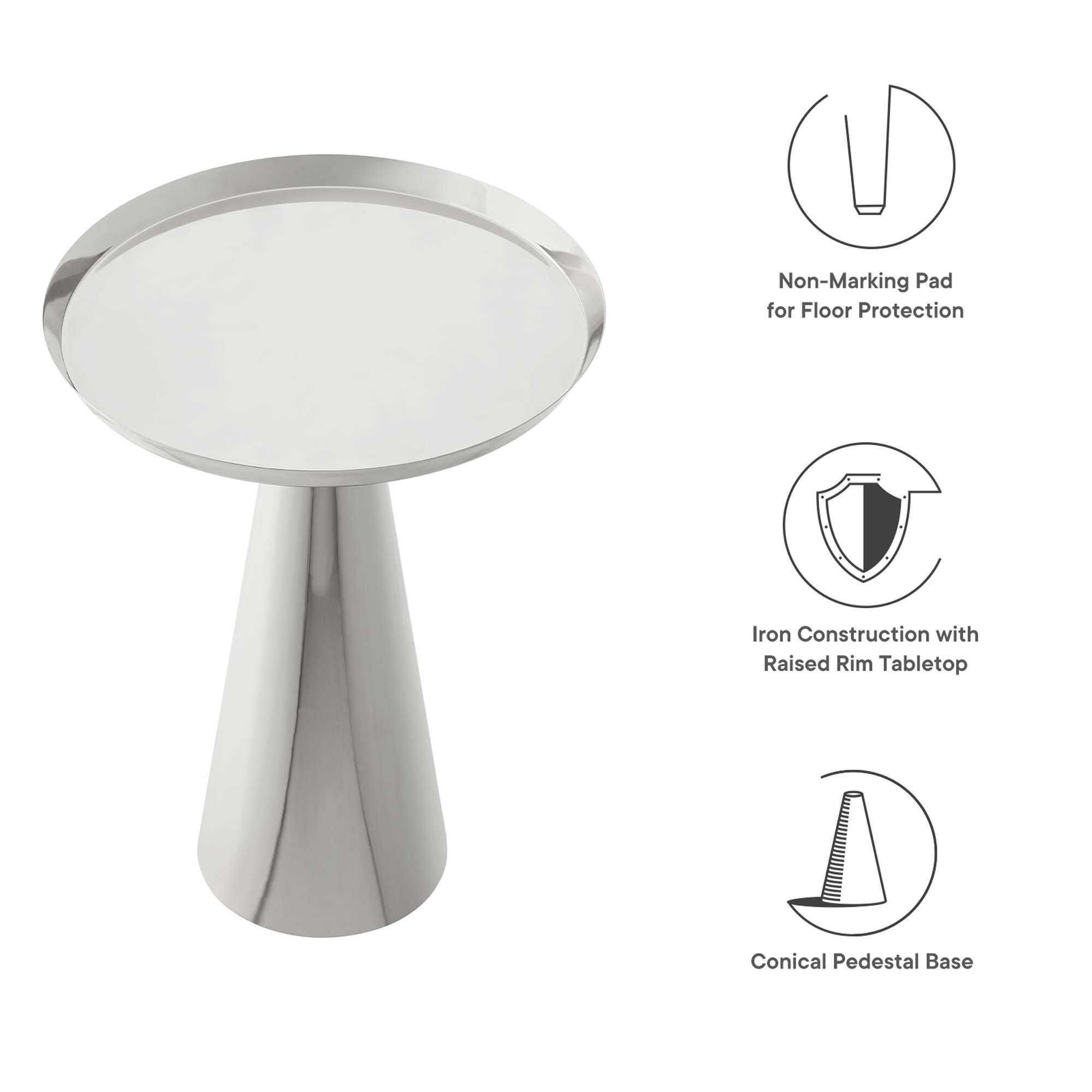 - Non-Marking Pad for Floor Protection
- Iron Construction with Raised Rim Tabletop
- Conical Pedestal Base