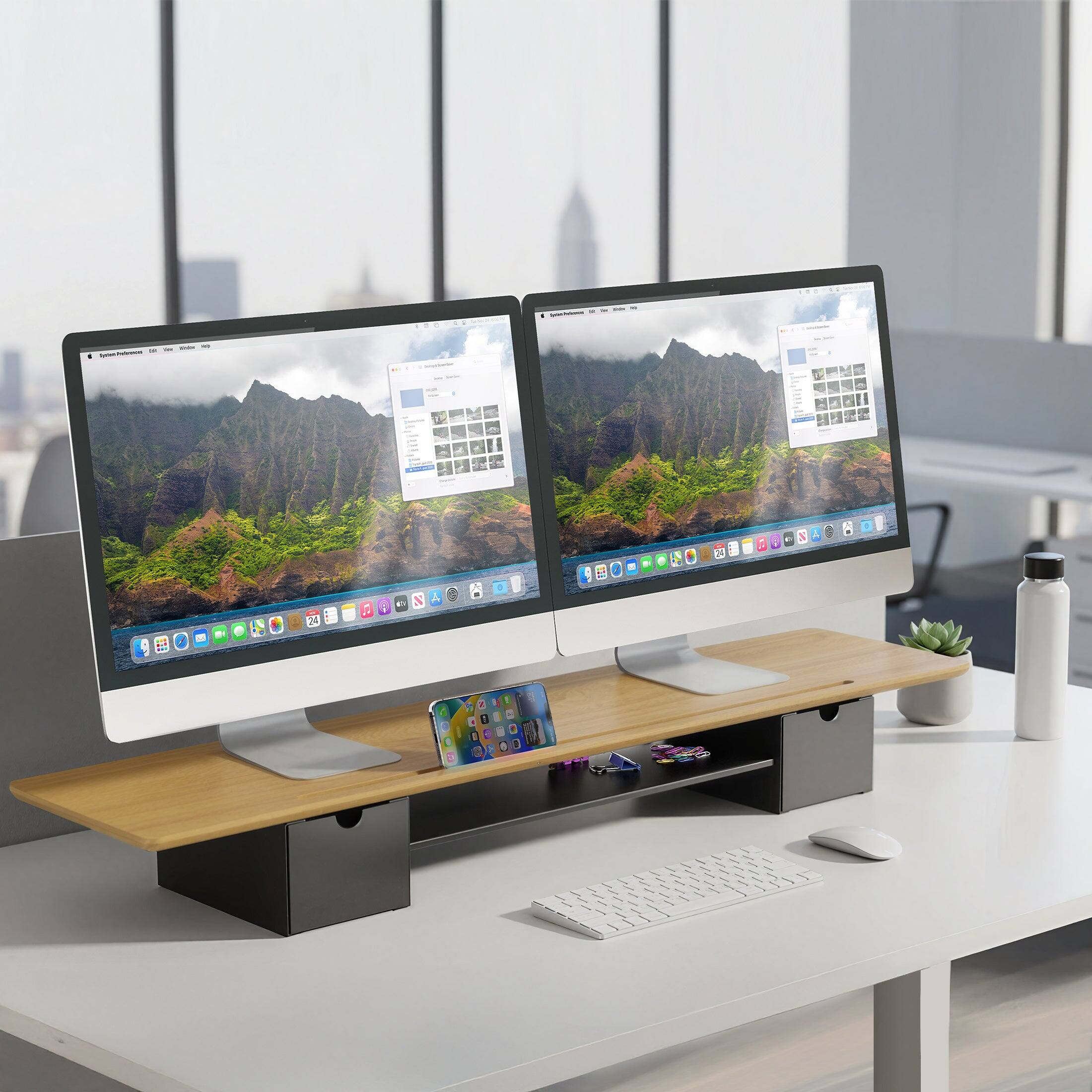 Back. Mount-It! - Extra Wide Monitor Riser with Drawers and Shelf, Desktop Stand for Monitors, Laptops, and TVs - Bamboo.