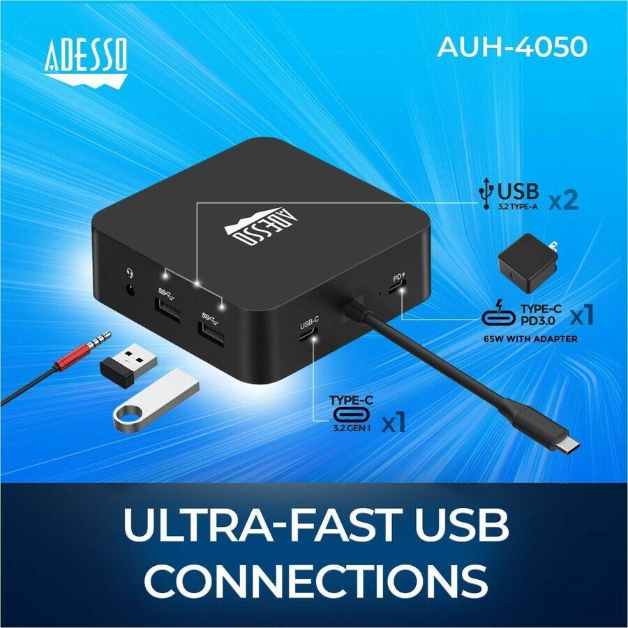 ADESSO AUH-4050

- USB 3.2 TYPE-A x2
- TYPE-C PD3.0 x1 (65W WITH ADAPTER)
- TYPE-C 3.2 GEN1 x1

ULTRA-FAST USB CONNECTIONS