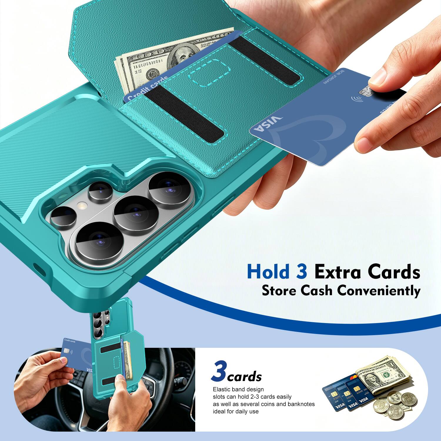 Hold 3 Extra Cards  
Store Cash Conveniently  

3 cards  
Elastic band design slots can hold 2-3 cards easily as well as several coins and banknotes ideal for daily use  

VISA