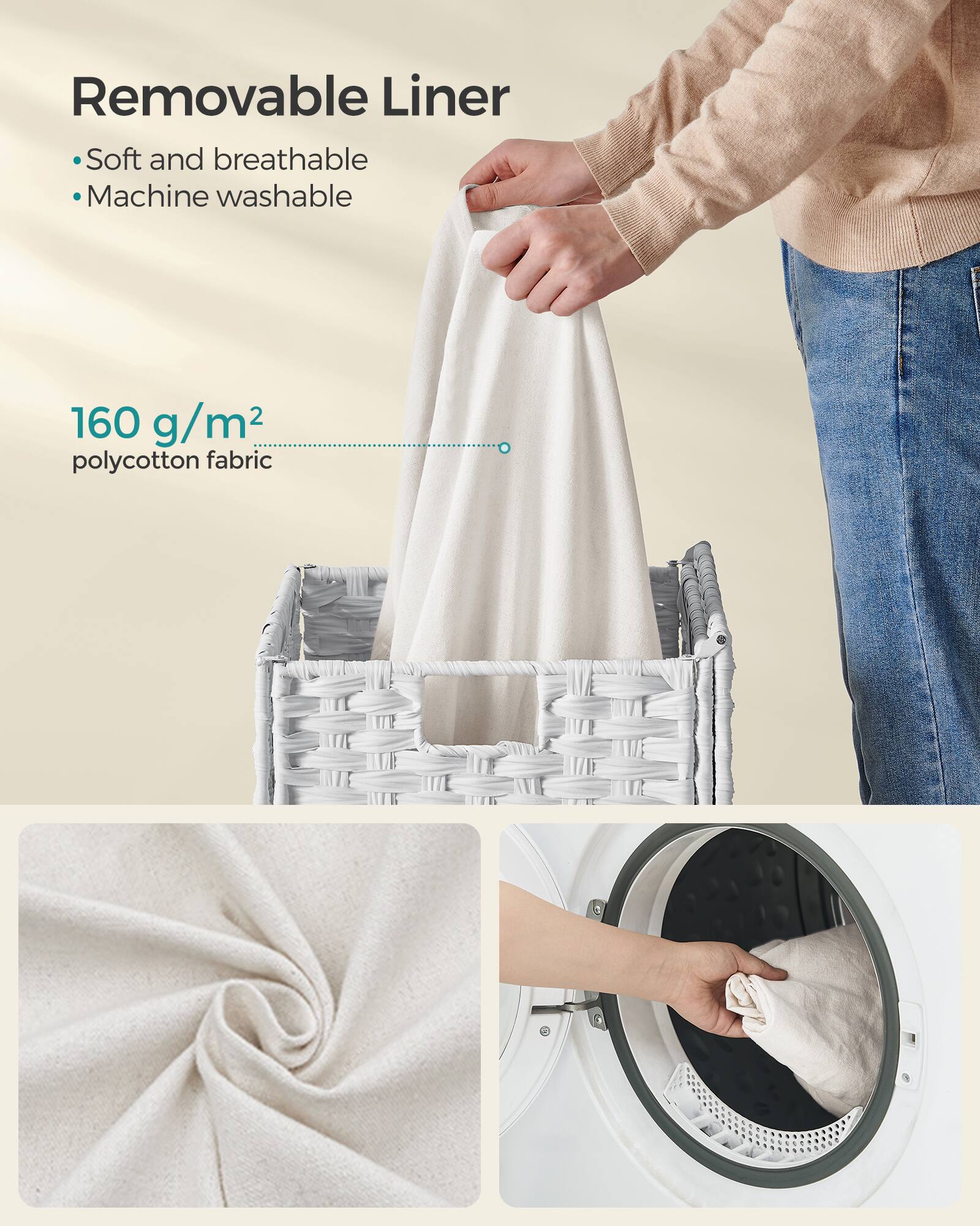 Removable Liner  
- Soft and breathable  
- Machine washable  

160 g/m² polycotton fabric