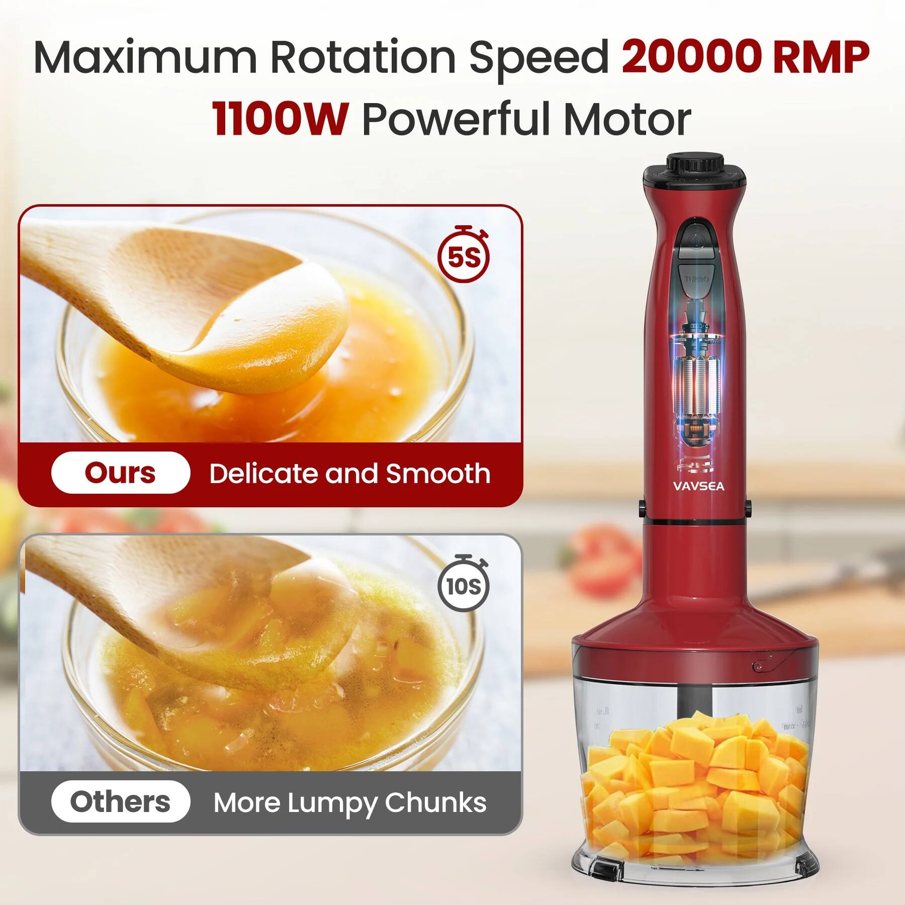 Maximum Rotation Speed 20000 RPM  
1100W Powerful Motor  

Ours  
Delicate and Smooth  
5S  

Others  
More Lumpy Chunks  
10S