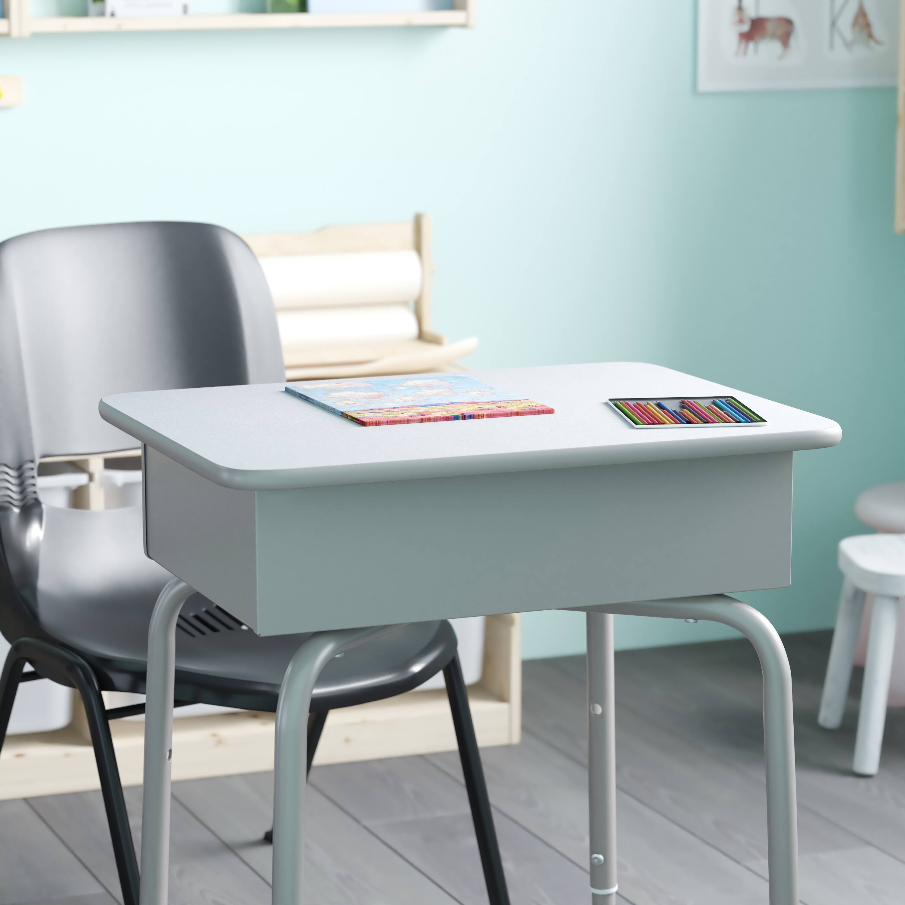 Alt View 3. Emma + Oliver - Student Desk with Open Front Metal Book Box - School Desk - Gray Granite Top/Silver Frame.