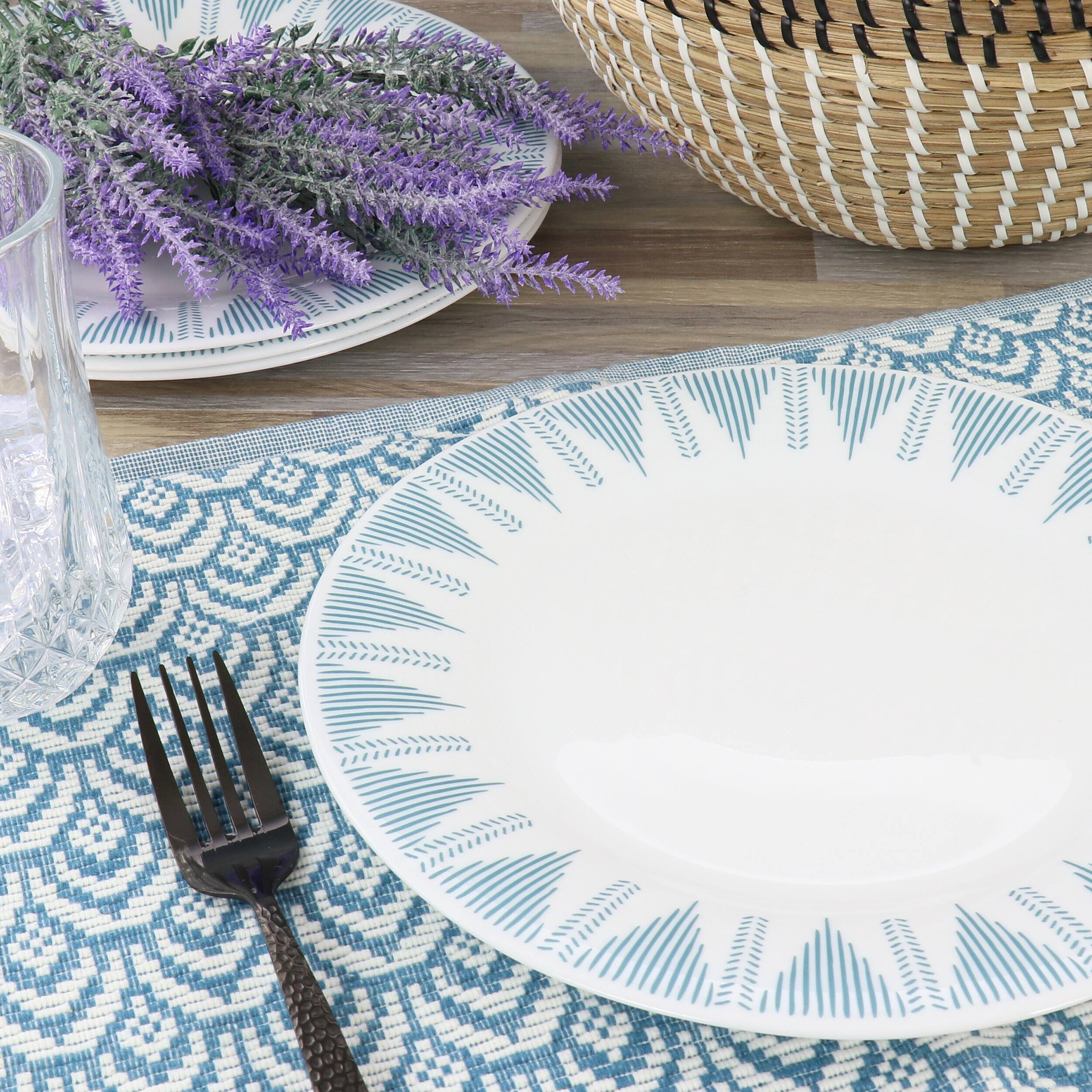 Alt View 4. Gibson - Ultra by Gibson Piper Point 4 Piece 10 Inch Round Tempered Opal Glass Dinner Plate Set in Blue - White.