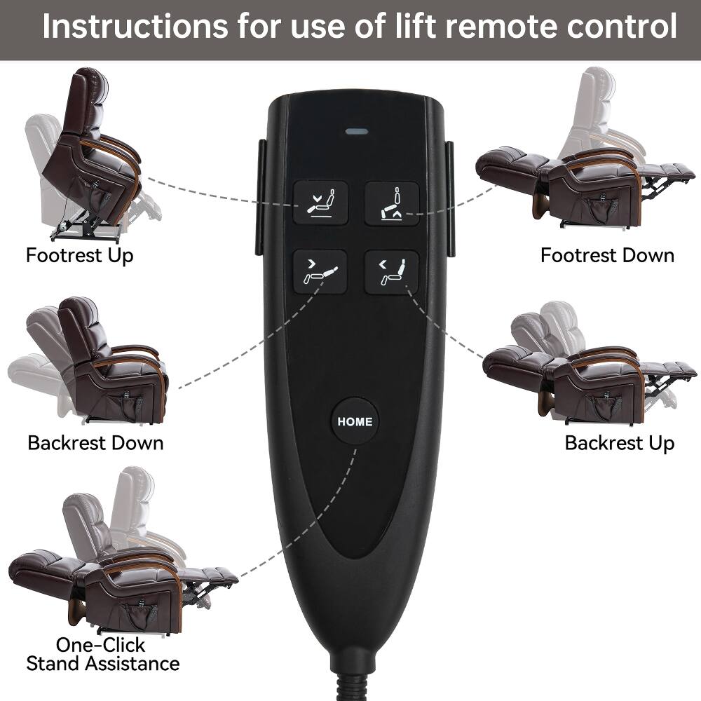 Instructions for use of lift remote control

- Footrest Up
- Footrest Down
- Backrest Down
- HOME
- Backrest Up
- One-Click Stand Assistance
