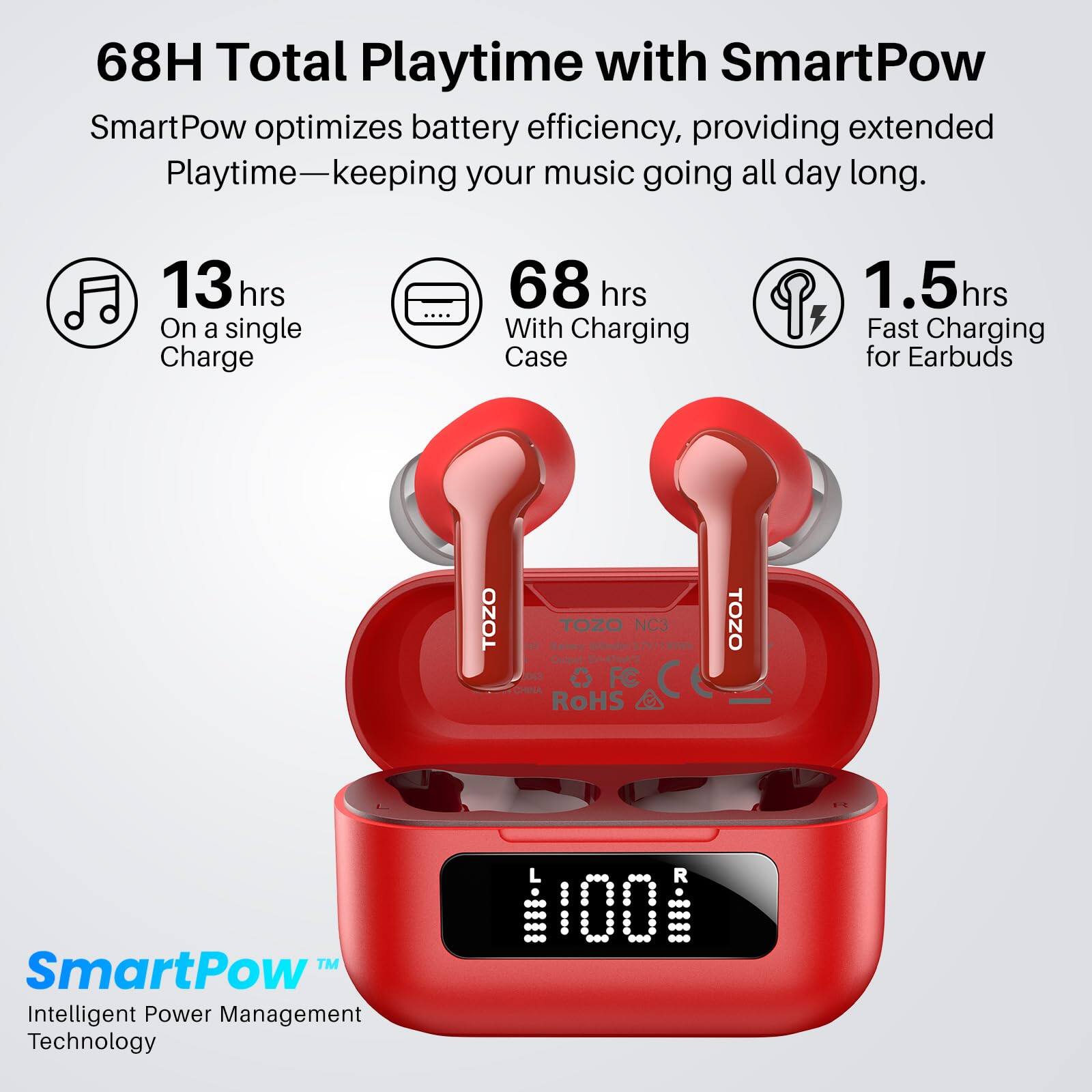 68H Total Playtime with SmartPow

SmartPow optimizes battery efficiency, providing extended Playtime—keeping your music going all day long.

- 13 hrs On a single Charge
- 68 hrs With Charging Case
- 1.5 hrs Fast Charging for Earbuds

SmartPow™ Intelligent Power Management Technology