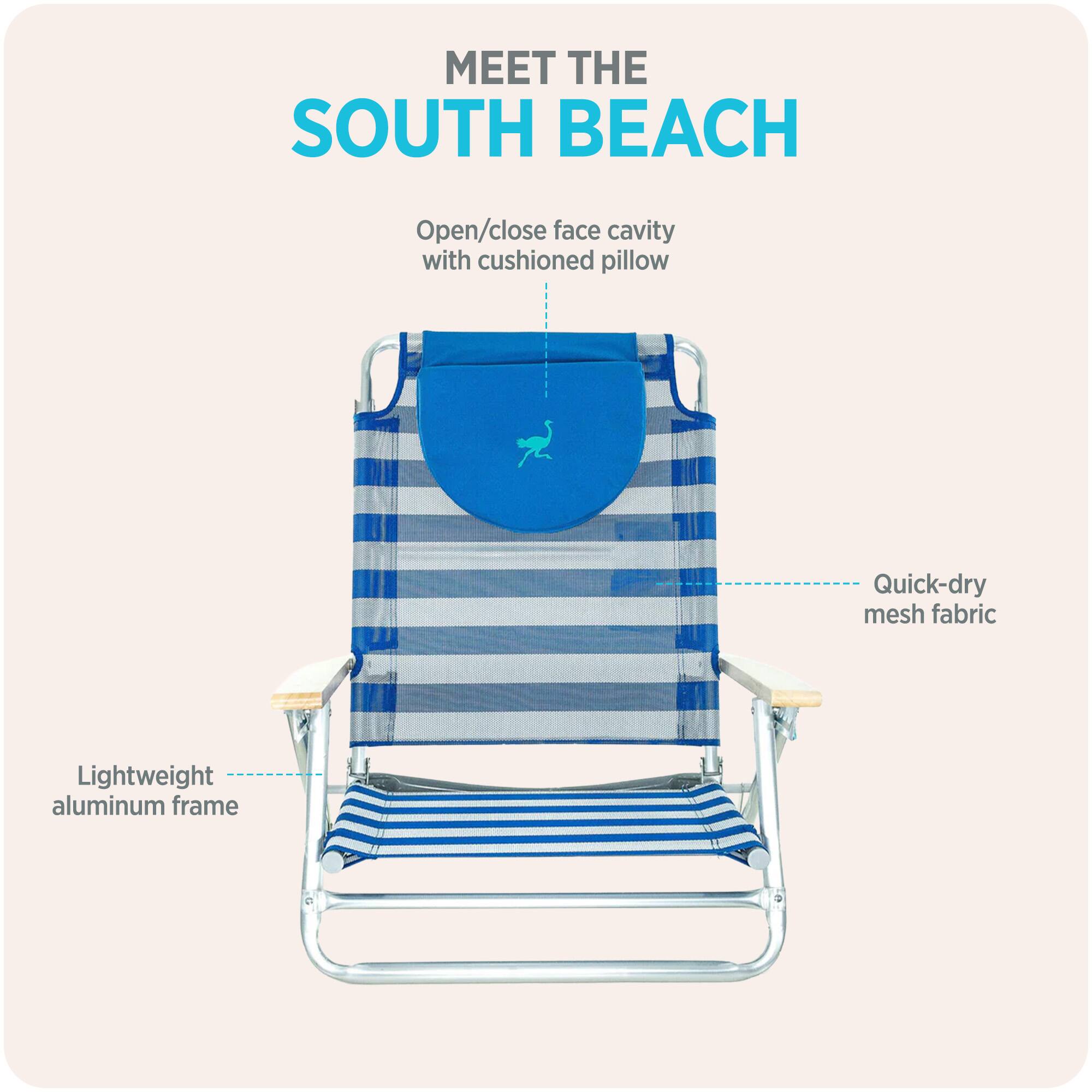 MEET THE SOUTH BEACH

- Open/close face cavity with cushioned pillow
- Quick-dry mesh fabric
- Lightweight aluminum frame