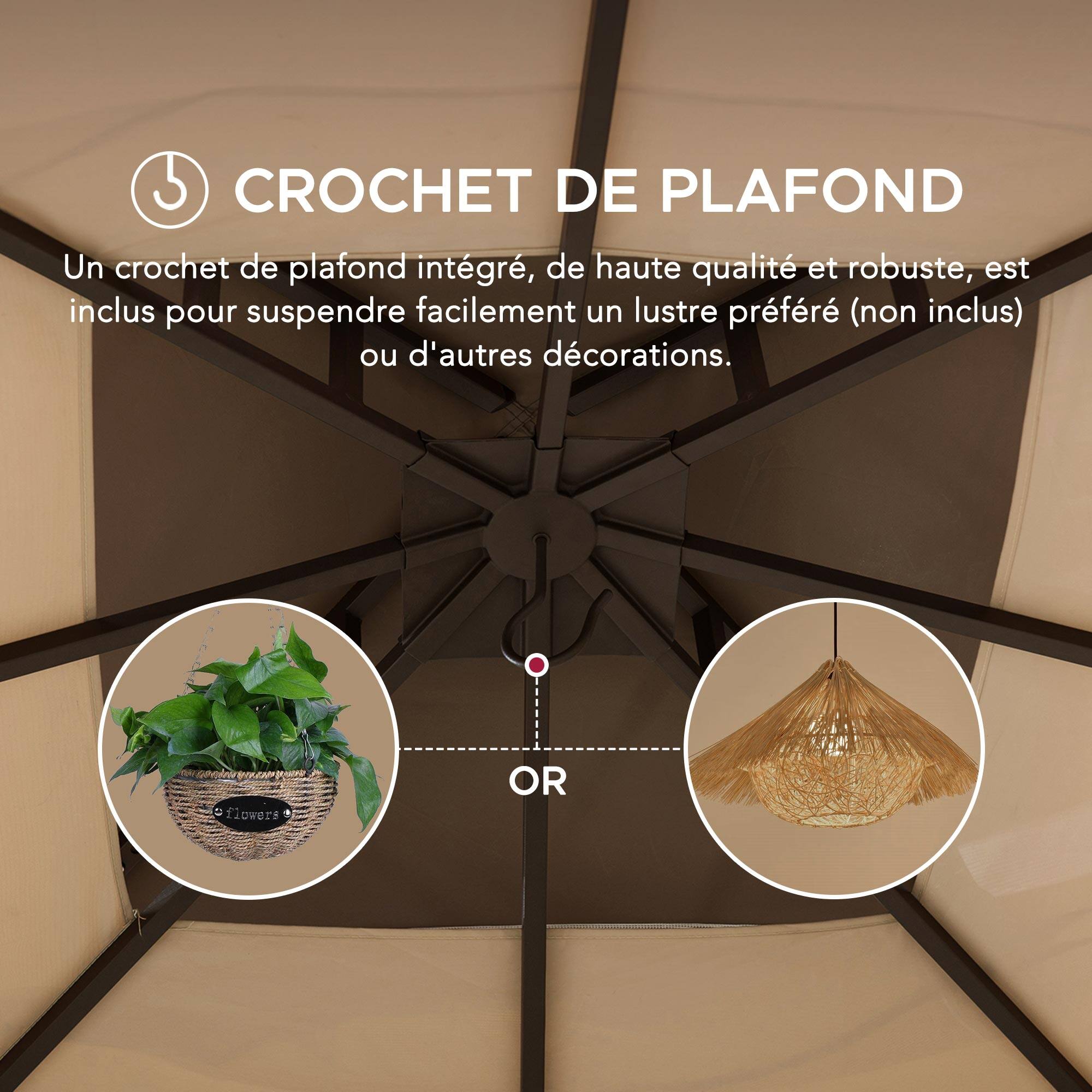 CROCHET DE PLAFOND

Un crochet de plafond intégré, de haute qualité et robuste, est inclus pour suspendre facilement un lustre préféré (non inclus) ou d'autres décorations.