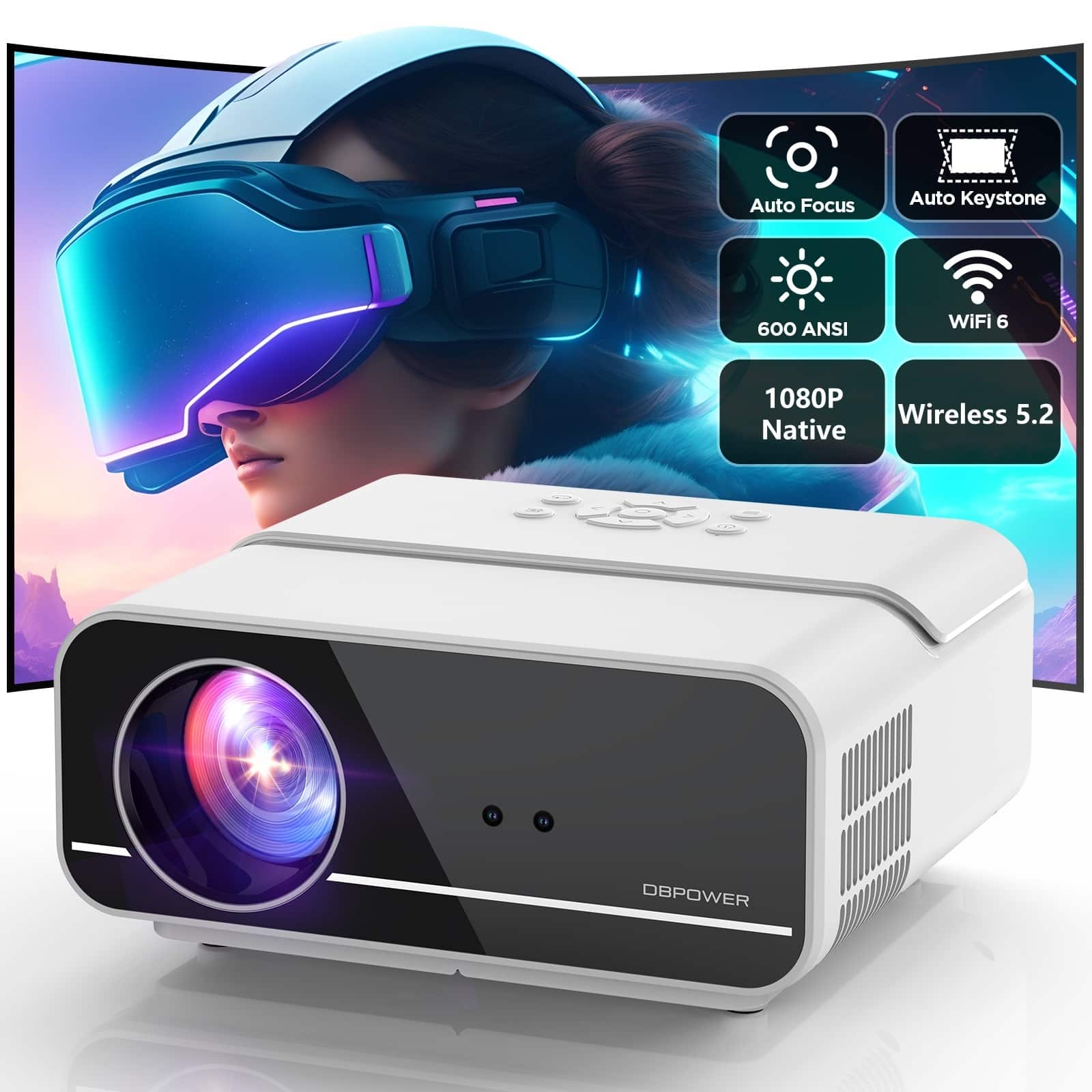 ZACHVO - 4K Projector with WiFi and Bluetooth, 700ANSI Native 1080P Outdoor Movie Projector with Auto Focus, Portable Projector - ‎White