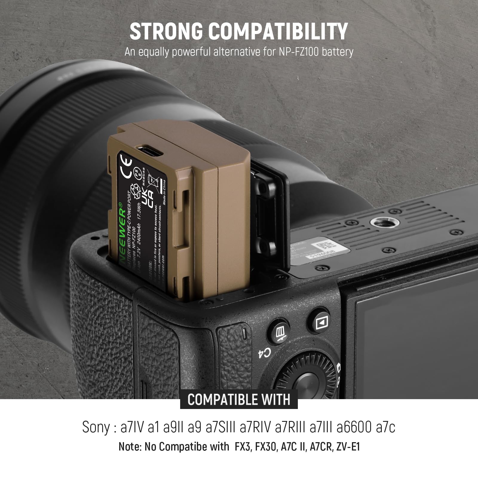 STRONG COMPATIBILITY  
An equally powerful alternative for NP-FZ100 battery  

COMPATIBLE WITH  
Sony: a7IV a1 a9II a9 a7SIII a7RIV a7RIII a7III a6600 a7c  

Note: No Compatible with FX3, FX30, A7C II, A7CR, ZV-E1