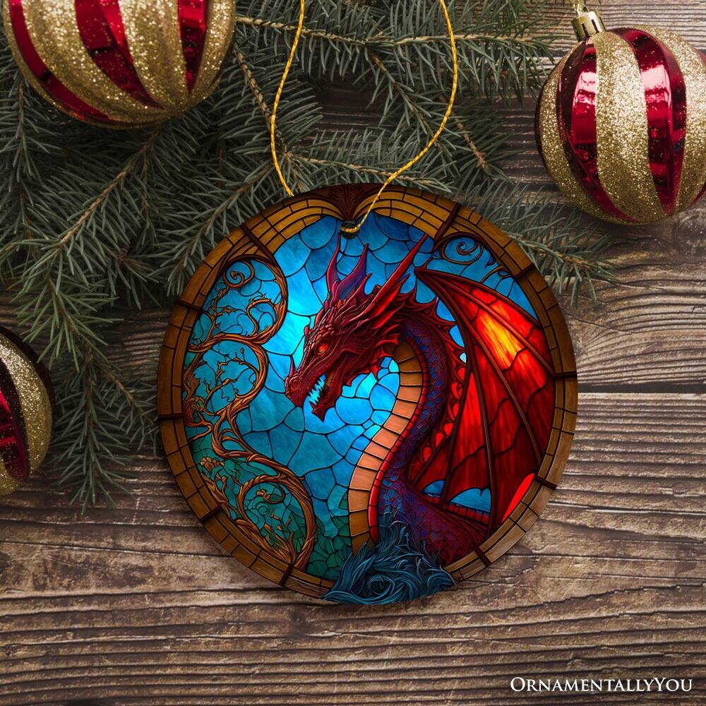 Back. OrnamentallyYou - Fierce Dragon Stained Glass Style Ceramic Ornament Unique Goth Tree Decor - Multi-colored.