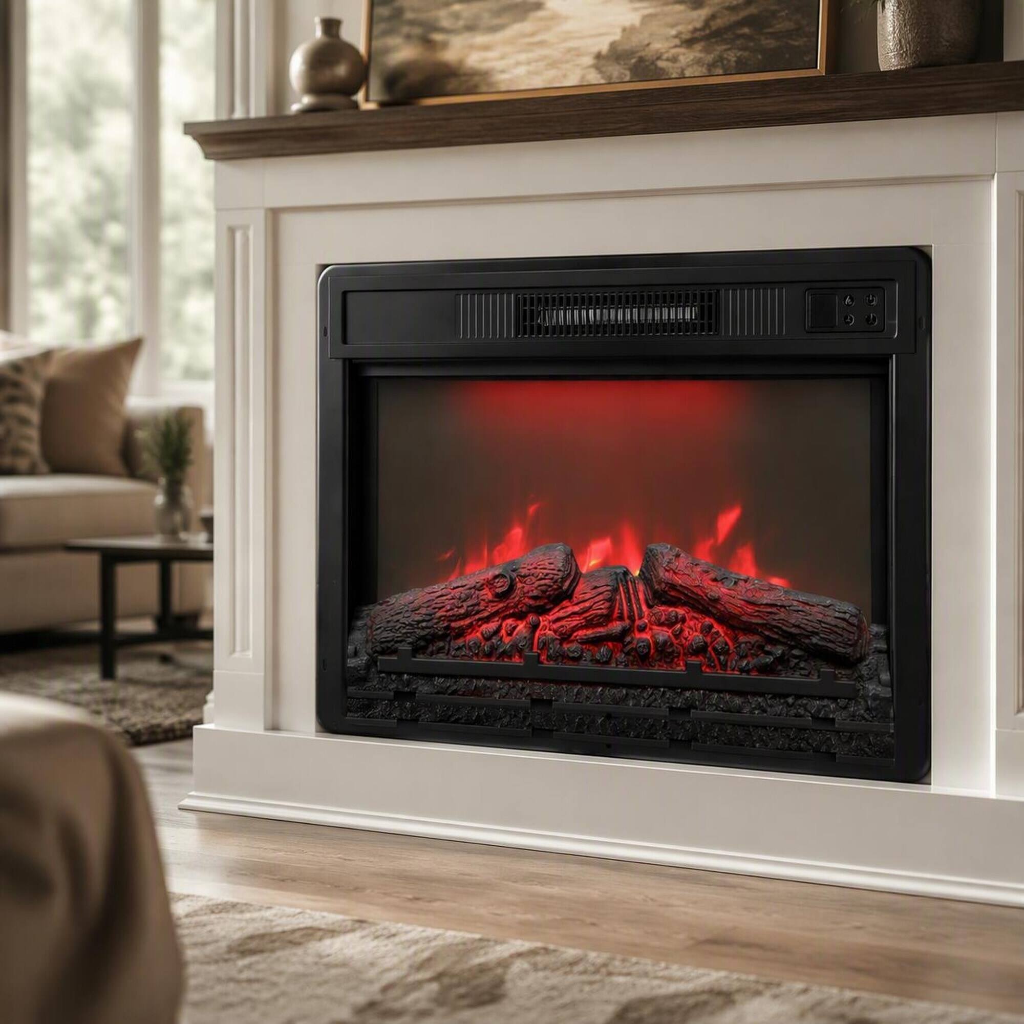 Front. RYHNUYNE - 23 Inch Black Electric Fireplace Insert Heater, Multicolor Flames Remote Control Timer For Indoor Home Warmth - Black.