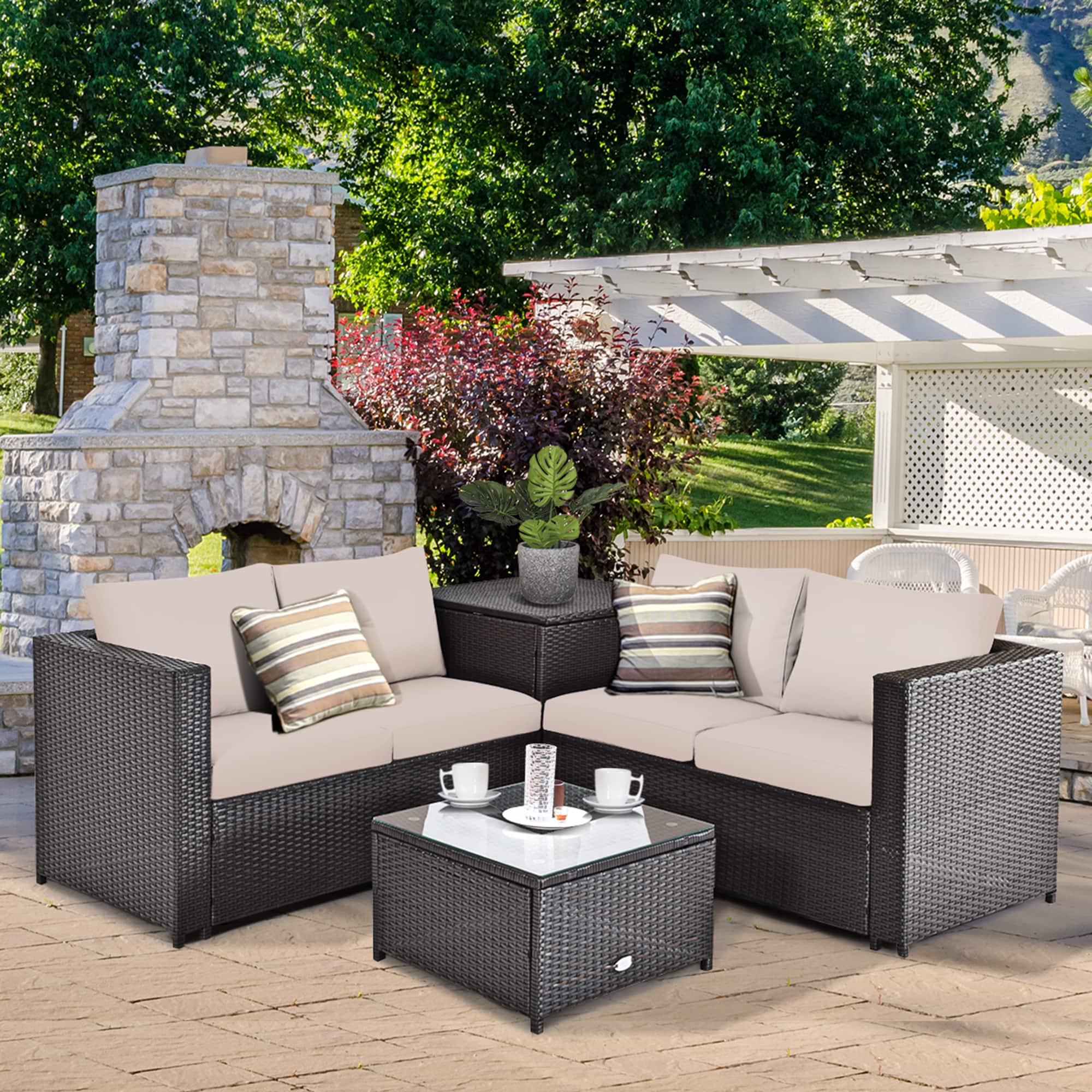 Gymax - 4PCS Cushioned Rattan Patio Conversation Set w/ Coffee Table Side Table - Brown price history on PriceWatchPro