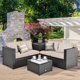 Gymax - 4PCS Cushioned Rattan Patio Conversation Set w/ Coffee Table Side Table - Brown