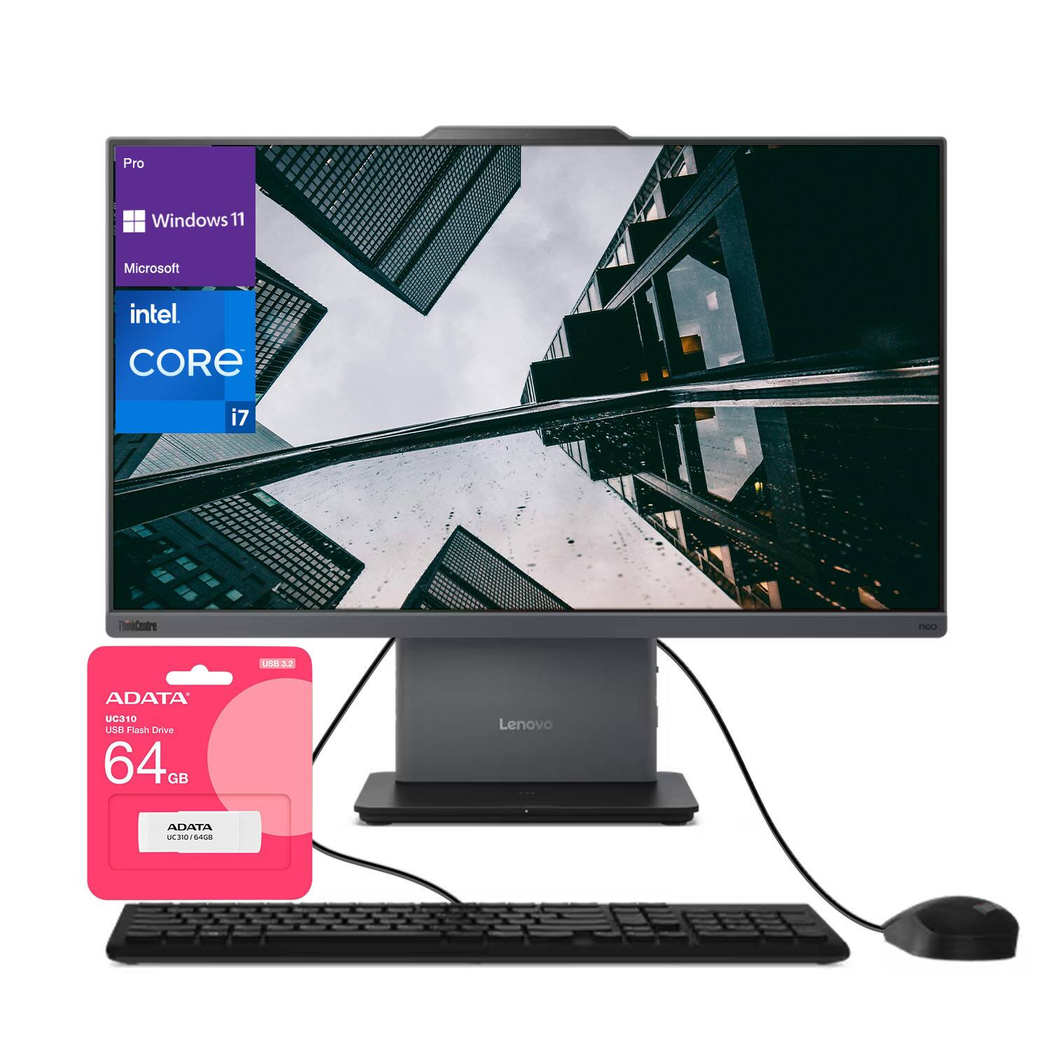 Lenovo - ThinkCentre neo 50a 23.8" FHD All-in-One - Wired K&M - Intel Core i7-13620H - 32GB RAM, 2TB SSD - Adata 64GB USB Drive - Black