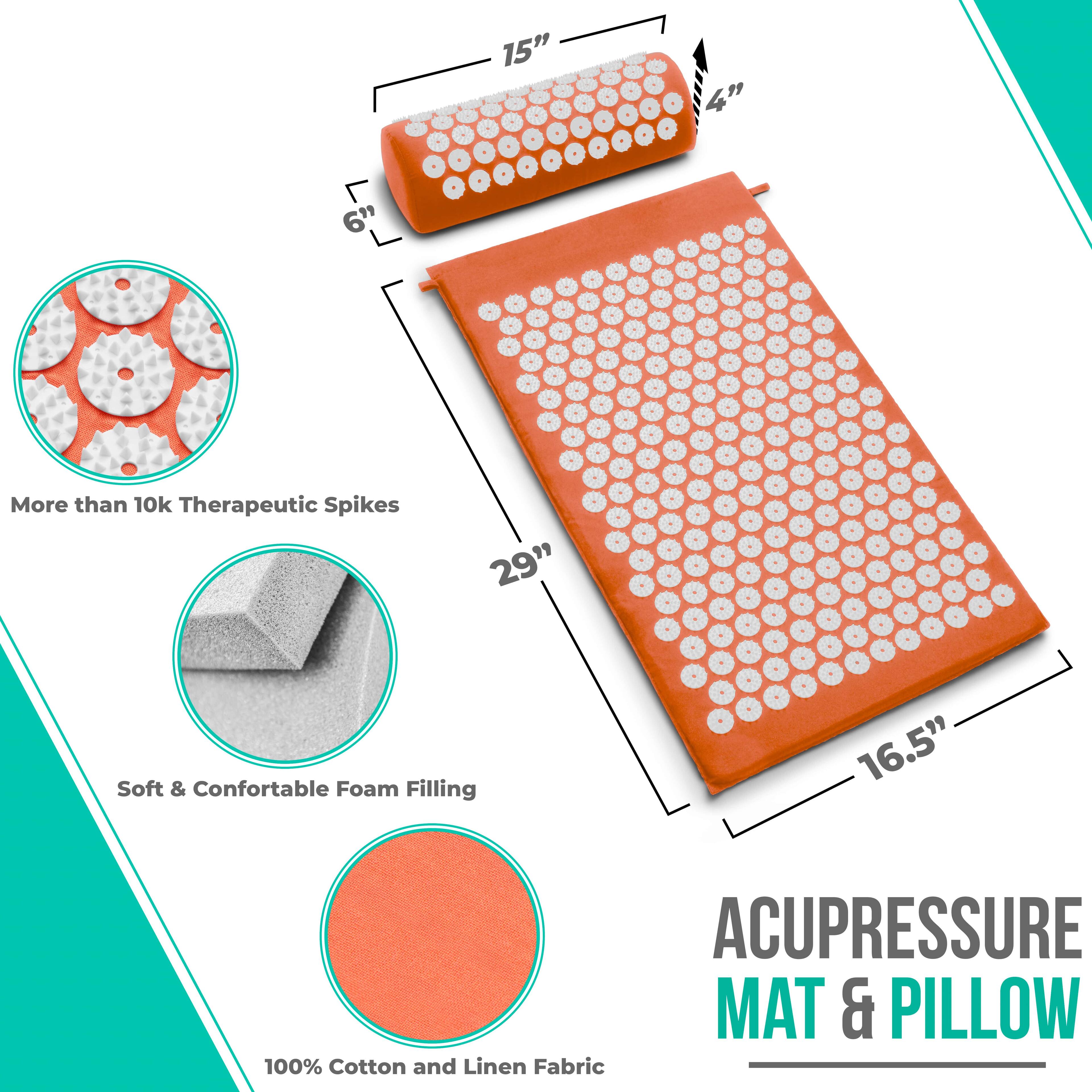 15" x 4" x 6"  
More than 10k Therapeutic Spikes  
29" x 16.5"  
Soft & Comfortable Foam Filling  
100% Cotton and Linen Fabric  
ACUPRESSURE MAT & PILLOW