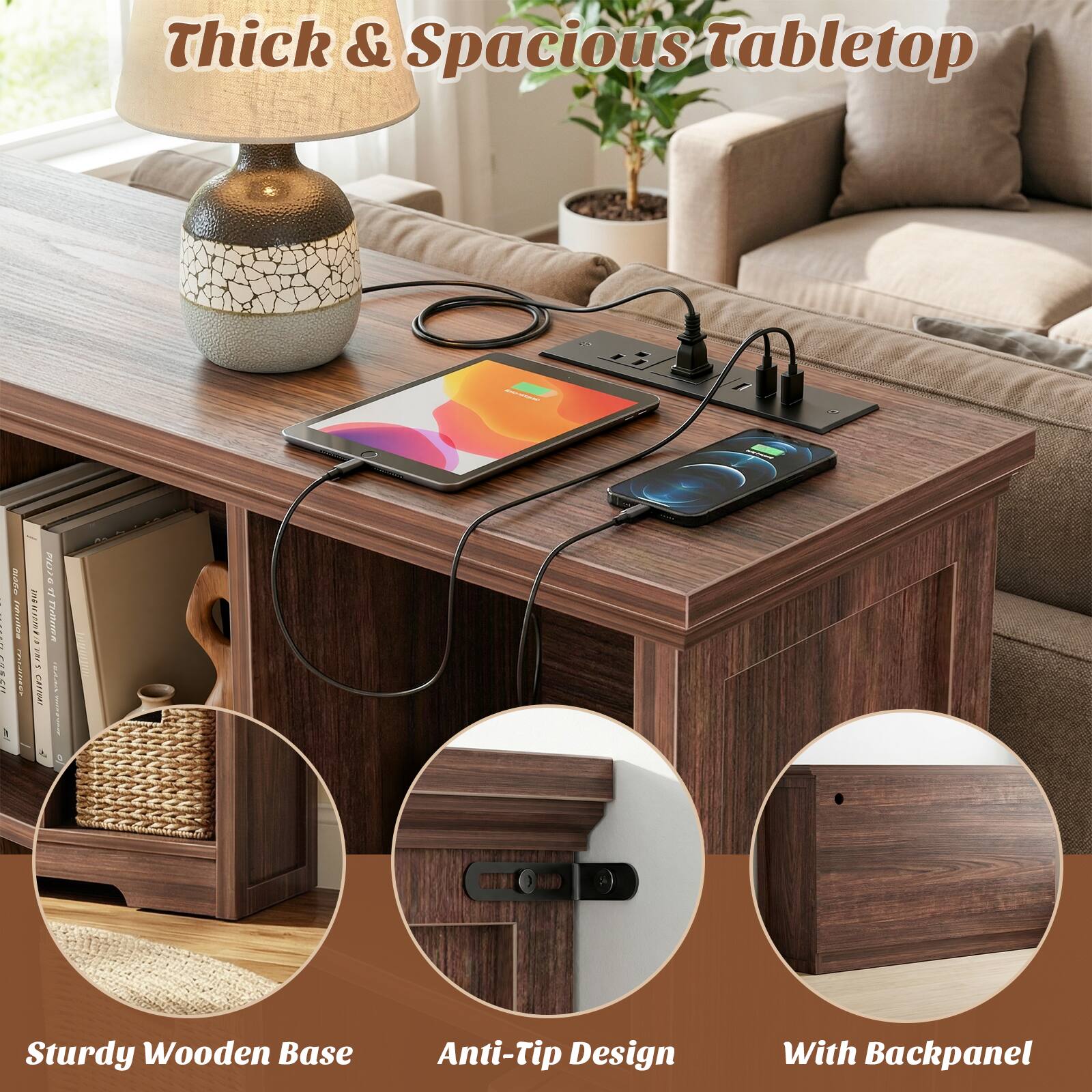 Thick & Spacious Tabletop

Sturdy Wooden Base

Anti-Tip Design

With Backpanel