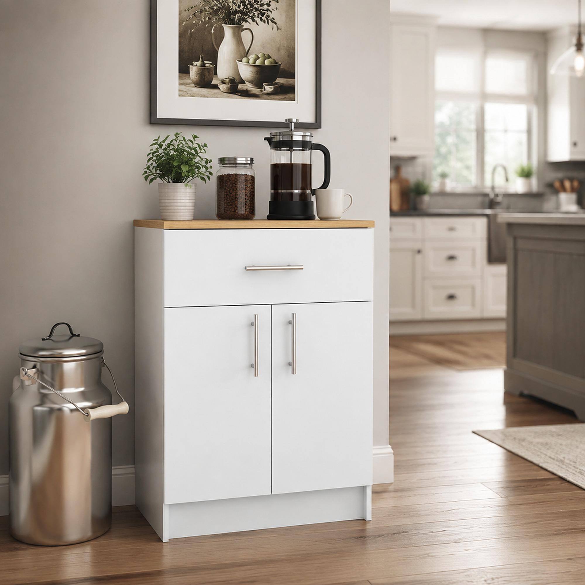 Front. RYHNUYNE - Freestanding 33 Inch Pantry Organizer Cabinet with One Drawer and Two Doors, White and Light Oak - White + Light Oak.
