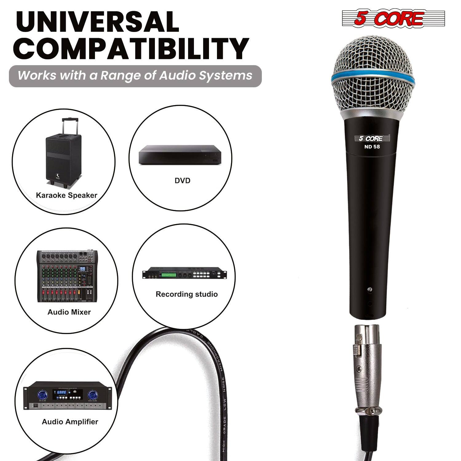 UNIVERSAL COMPATIBILITY  
Works with a Range of Audio Systems

5 CORE  
ND 58

- Karaoke Speaker
- DVD
- Audio Mixer
- Recording studio
- Audio Amplifier