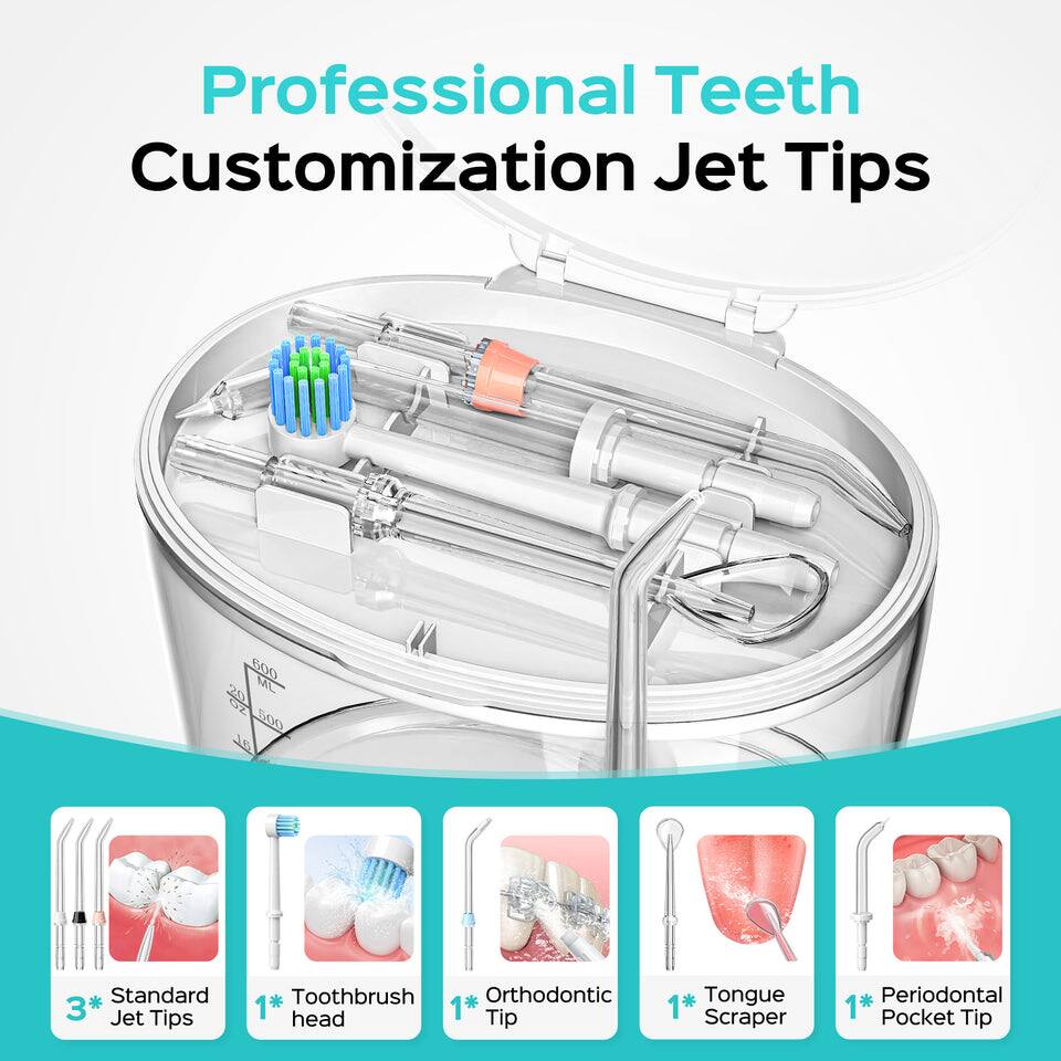 Professional Teeth Customization Jet Tips

- 600 mL
- 500 Standard
- 3* Jet Tips
- 1* Toothbrush head
- 1* Orthodontic Tip
- 1* Tongue Scraper
- 1* Periodontal Pocket Tip