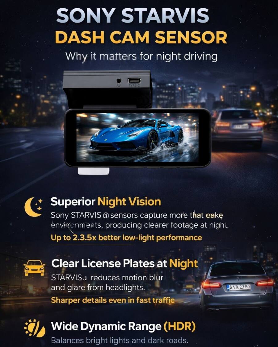 SONY STARVIS DASH CAM SENSOR  
Why it matters for night driving

Superior Night Vision  
Sony STARVIS sensors capture more than eake environments, producing clearer footage at night.  
Up to 2.3.5x better low-light performance

Clear License Plates at Night  
STARVIS reduces motion blur and glare from headlights.  
Sharper details even in fast traffic

Wide Dynamic Range (HDR)  
Balances bright lights and dark roads.