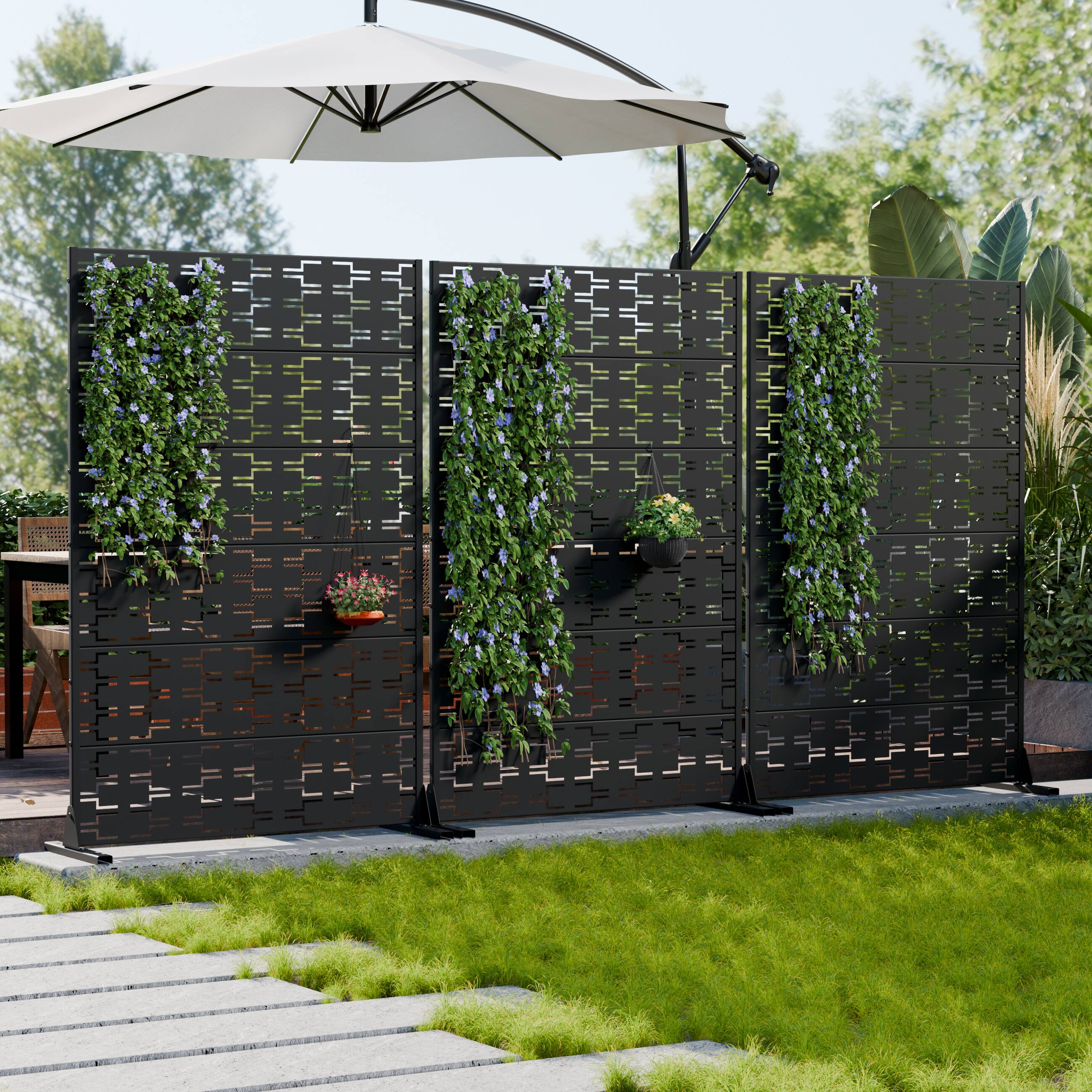 Alt View 1. PexFix - Outdoor Privacy Screen 2-Panel Room Divider Metal Decorative Privacy Fence Freestanding & Weatherproof Cutout Screen - Black.