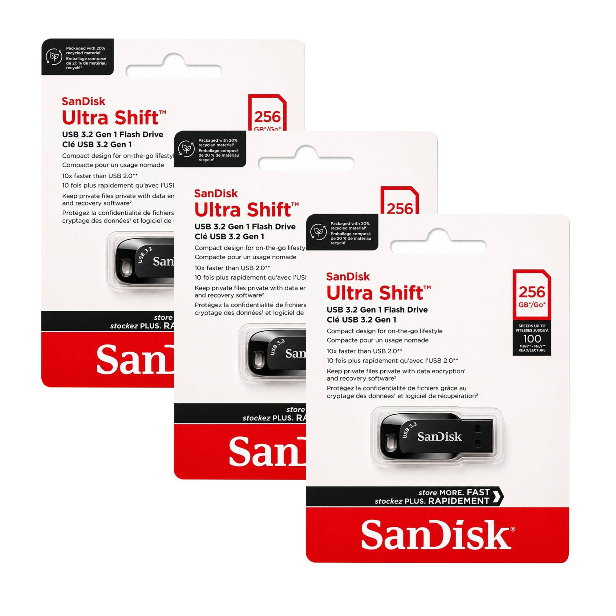 SanDisk Ultra Shift™  
USB 3.2 Gen 1 Flash Drive  
Clef USB 3.2 Gen 1  

Compact design for on-the-go lifestyle  
Compacte pour un usage nomade  

10x faster than USB 2.0*  
10 fois plus rapidement qu'avec USB 2.0*  

Keep private files private with data encryption and recovery software  
Protégez la confidentialité de fichiers grâce au cryptage des données et l'outil de récupération  

Packaged with 20% recycled material*  
Emballage composé de 20% de matériaux recyclés  

256 GB/Go  

store MORE. FAST  
stockez PLUS. RAPIDEMENT