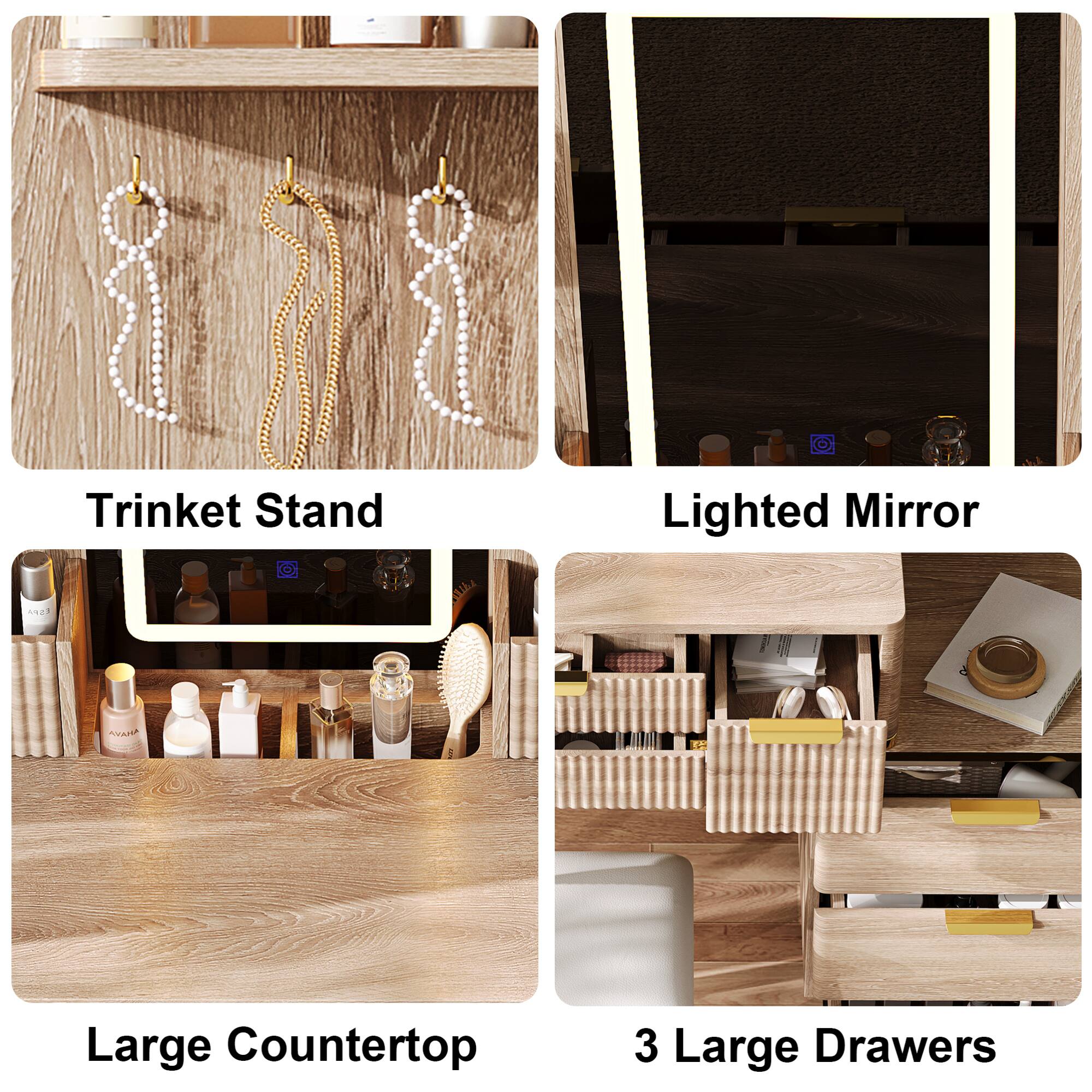 - Trinket Stand
- Lighted Mirror
- Large Countertop
- 3 Large Drawers
