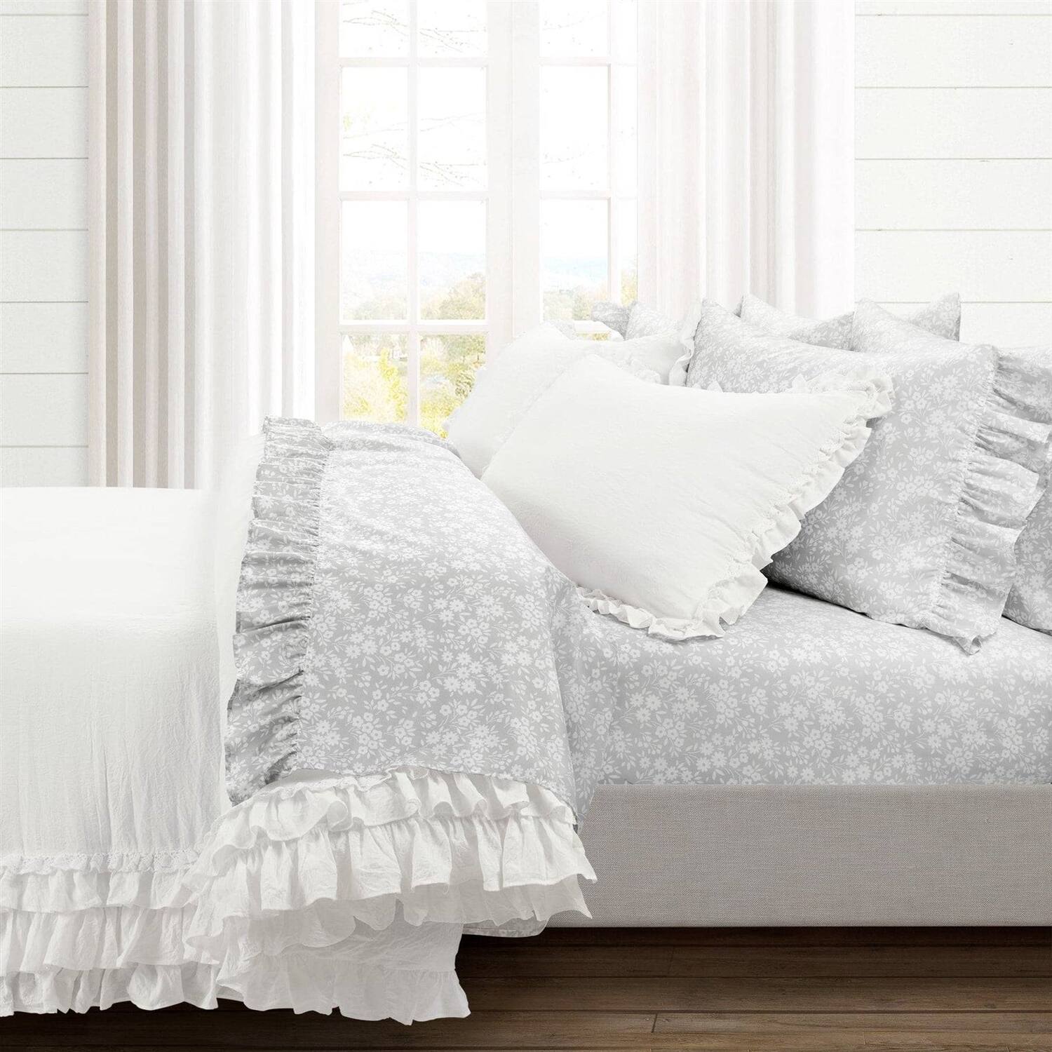 Alt View 1. Hivvago - King size Grey Ruffle Floral Polyester 6 Piece Sheet Set - Grey.