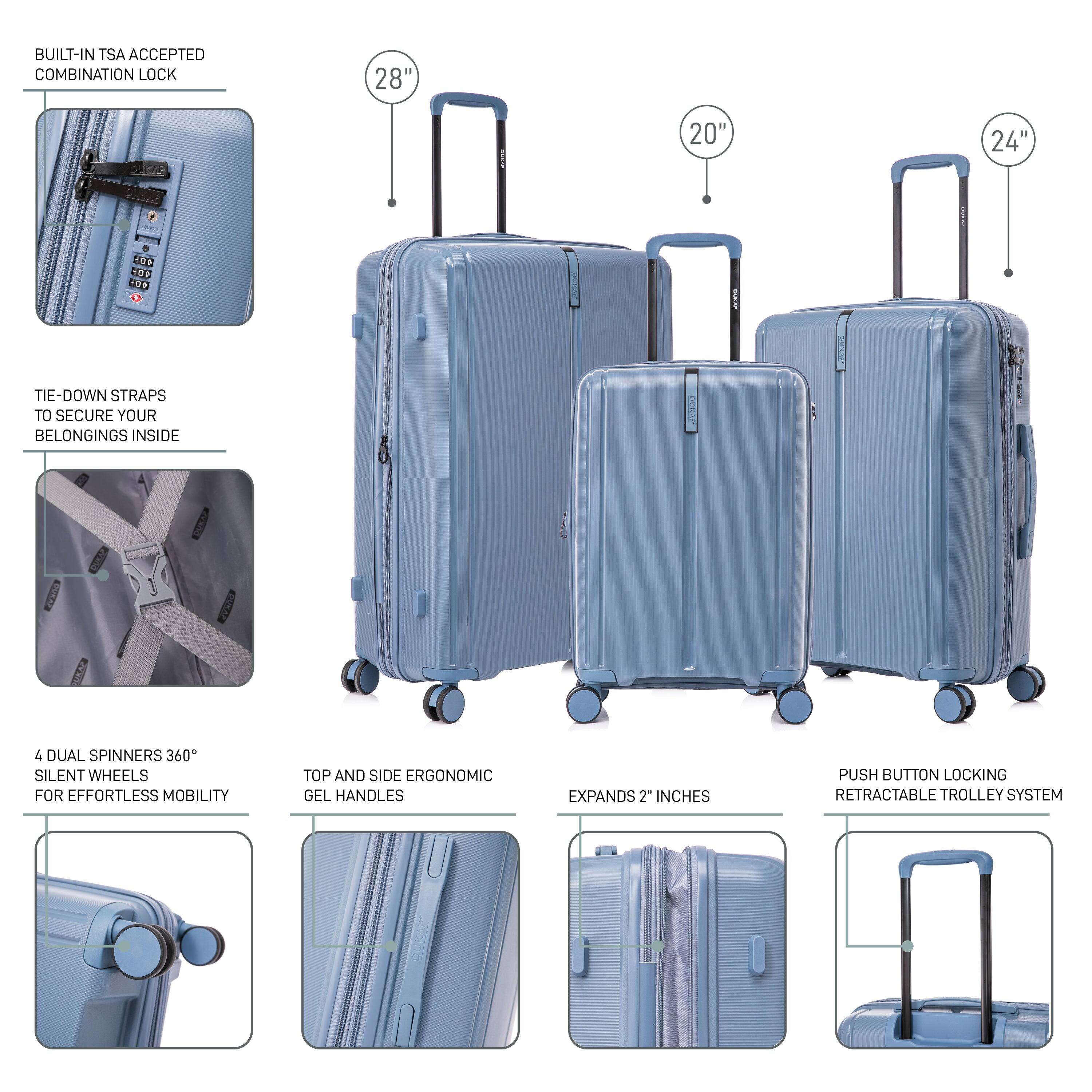 - BUILT-IN TSA ACCEPTED COMBINATION LOCK
- TIE-DOWN STRAPS TO SECURE YOUR BELONGINGS INSIDE
- 4 DUAL SPINNERS 360° SILENT WHEELS FOR EFFORTLESS MOBILITY
- TOP AND SIDE ERGONOMIC GEL HANDLES
- EXPANDS 2 INCHES
- PUSH BUTTON LOCKING RETRACTABLE TROLLEY SYSTEM
- 28"
- 20"
- 24"