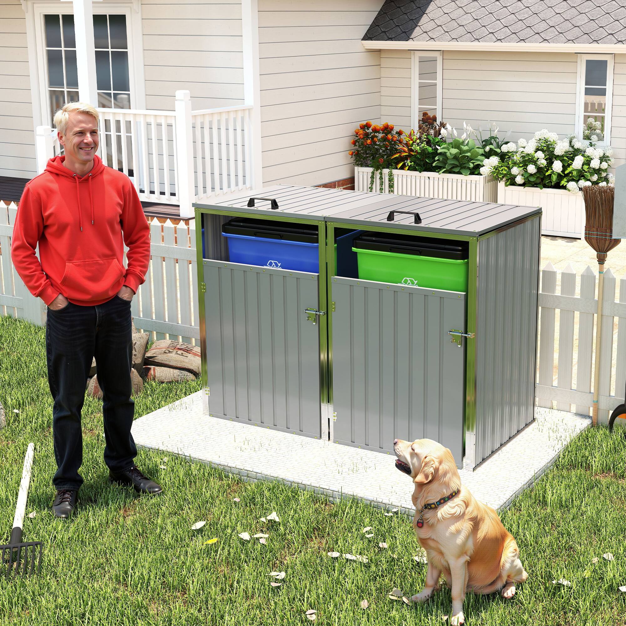 Angle. Mondawe - 2 Trash Garbage Bin Shed Stores with Pneumatic Support Rod,Lockable Doors & Waterproof Lid Chain - Light Gray.