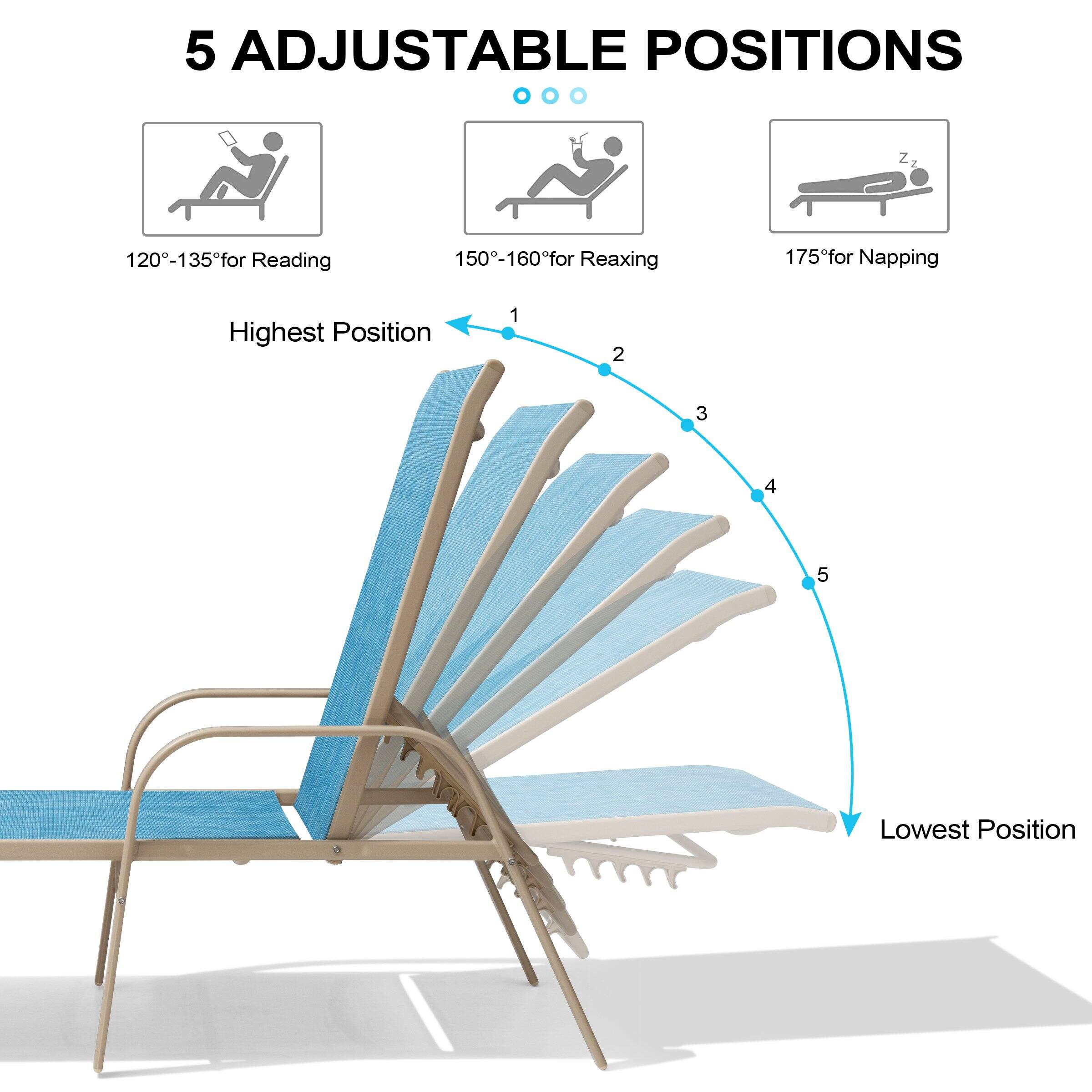 5 Adjustable Positions

120°-135° for Reading

150°-160° for Relaxing

175° for Napping

Highest Position

Lowest Position