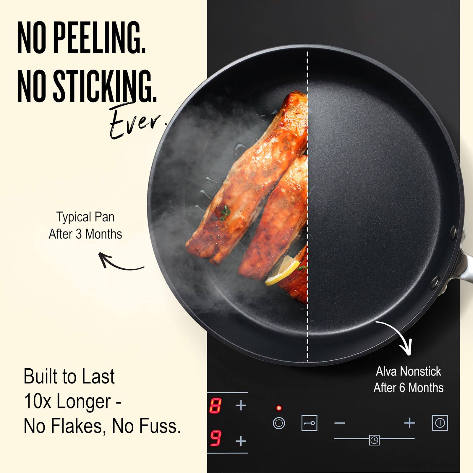 NO PEELING.  
NO STICKING.  
Ever.  

Typical Pan After 3 Months  

Built to Last 10x Longer - No Flakes, No Fuss.  

Alva Nonstick After 6 Months