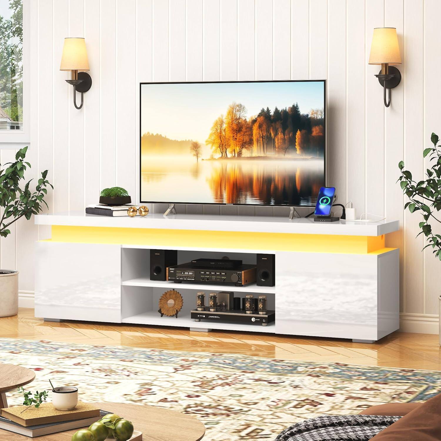 Left. Espafurni - 66" LED TV Stand for 75" TV – Entertainment Center High Gloss, Power Outlet, Storage & RGB Lights - White.