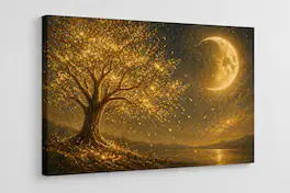FC Design - Large Canvas 24x36" Ready-to-Hang Golden Color Moon Tree Glow Art Painting Home Wall Décor - MultiColor