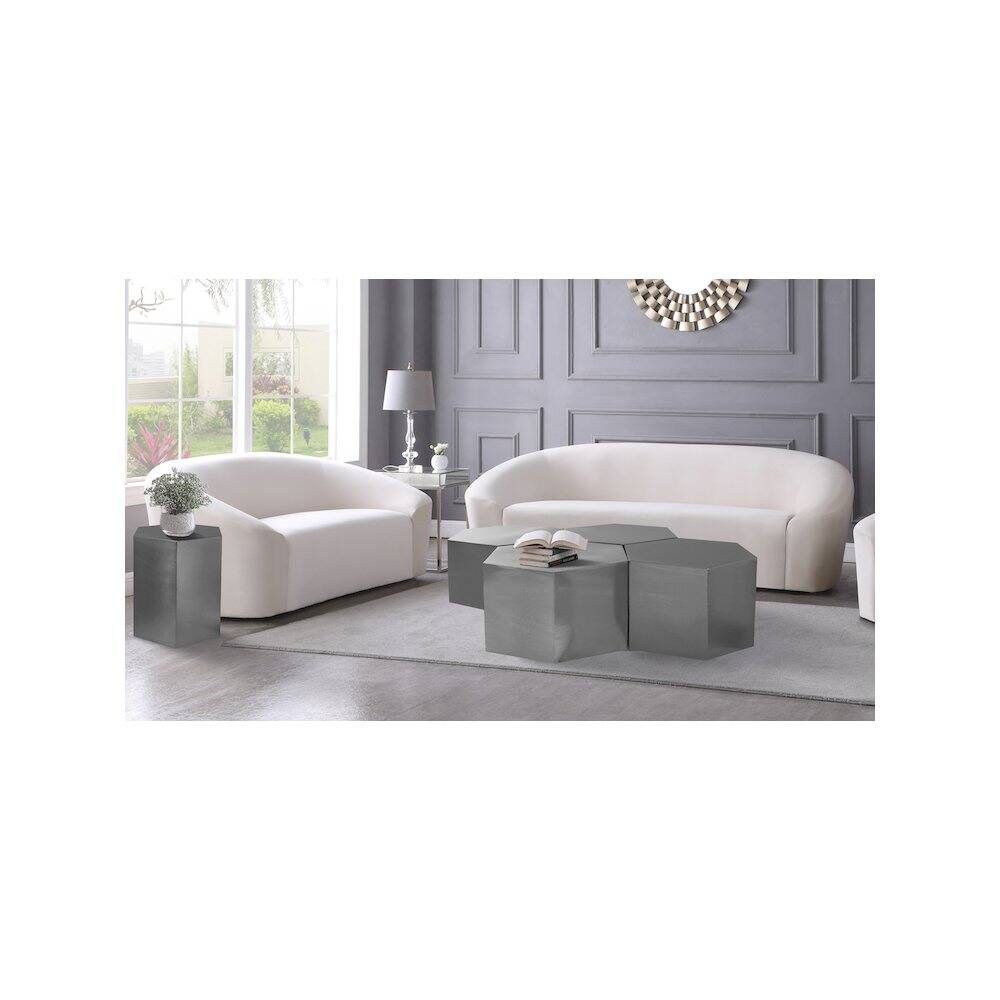 Alt View 1. Meridian Furniture - Hexagon Brushed Chrome Coffee Table - Silver.