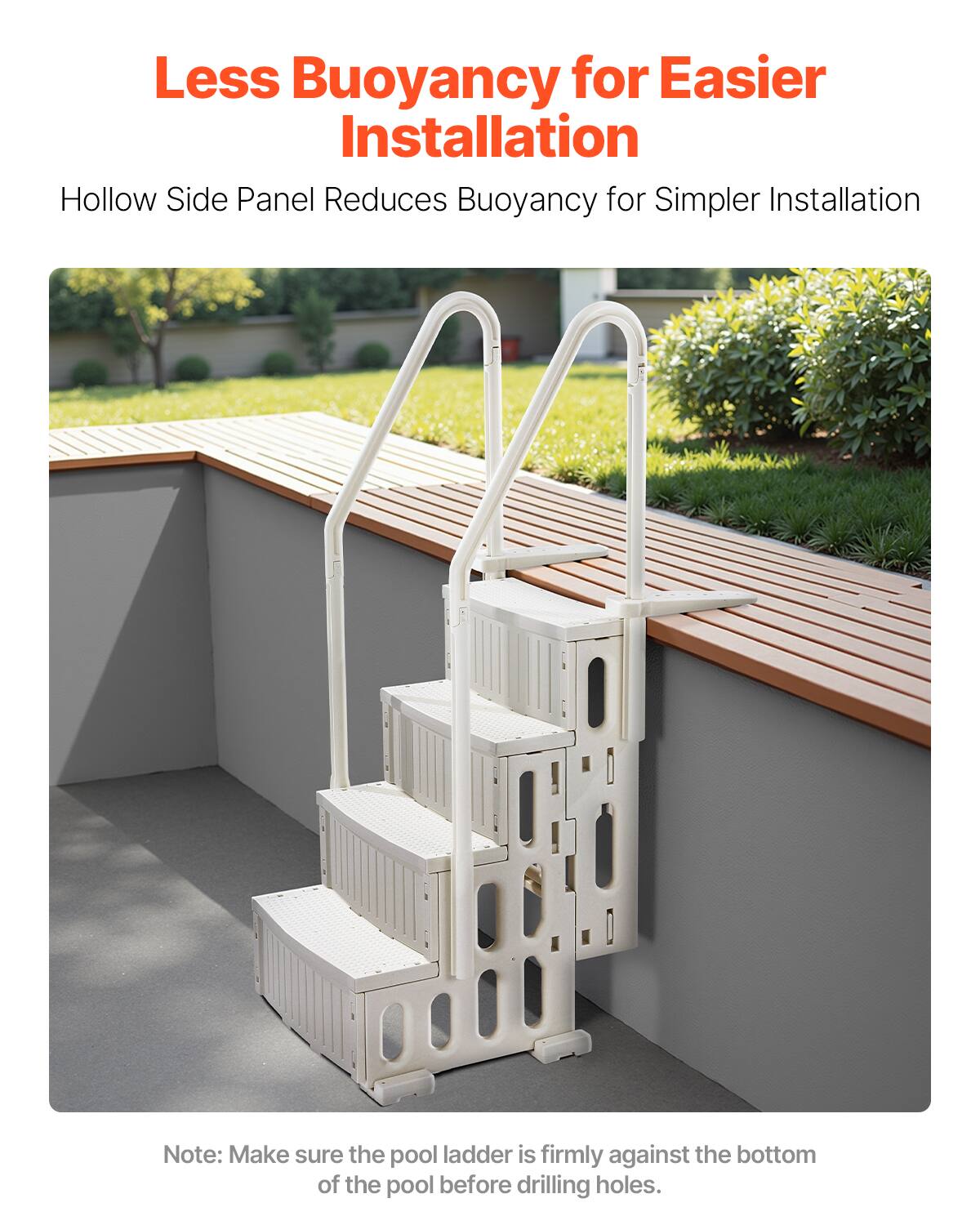 Less Buoyancy for Easier Installation

Hollow Side Panel Reduces Buoyancy for Simpler Installation

Note: Make sure the pool ladder is firmly against the bottom of the pool before drilling holes.