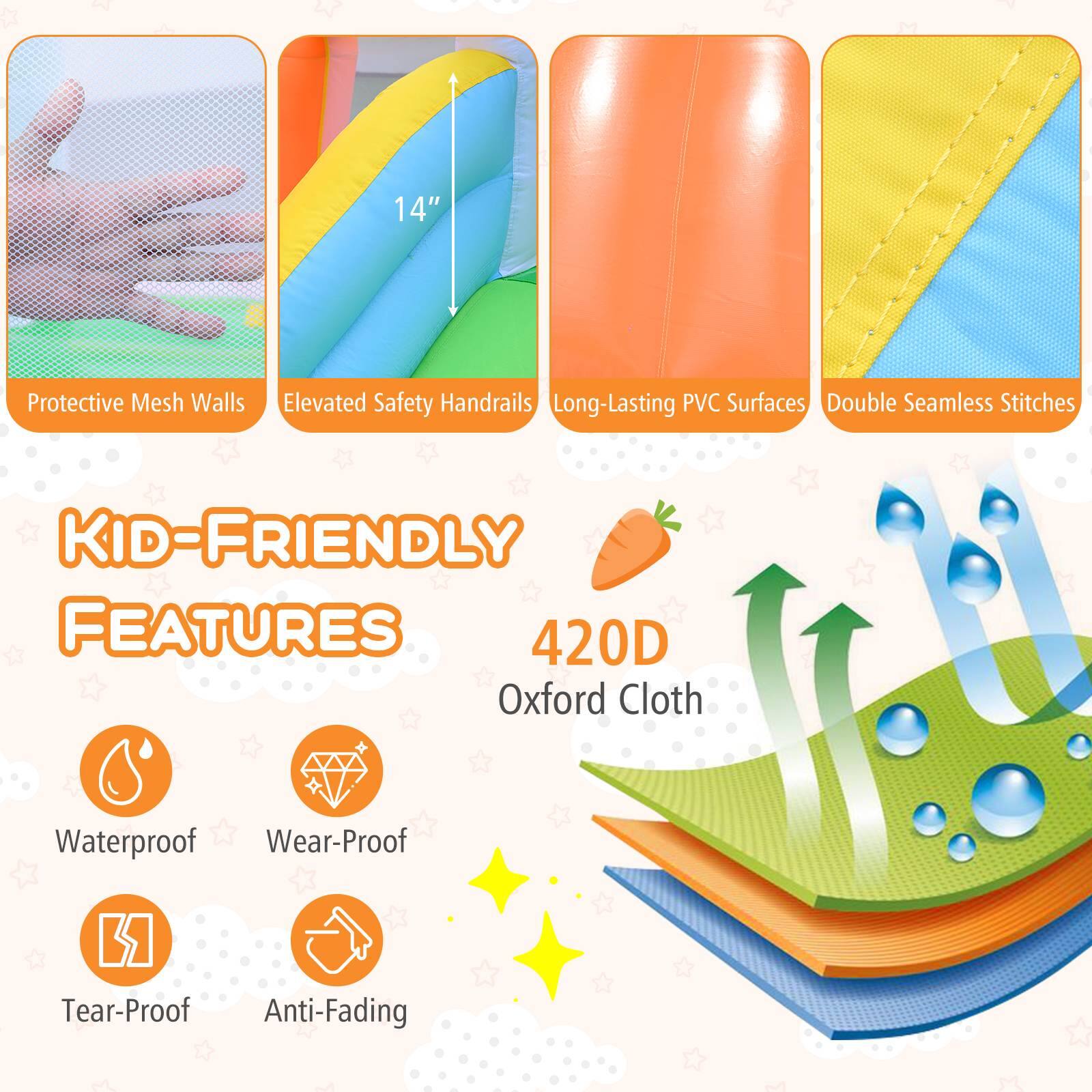 14" Protective Mesh Walls  
Elevated Safety Handrails  
Long-Lasting PVC Surfaces  
Double Seamless Stitches  

KID-FRIENDLY FEATURES  

420D Oxford Cloth  
Waterproof  
Wear-Proof  
Tear-Proof  
Anti-Fading