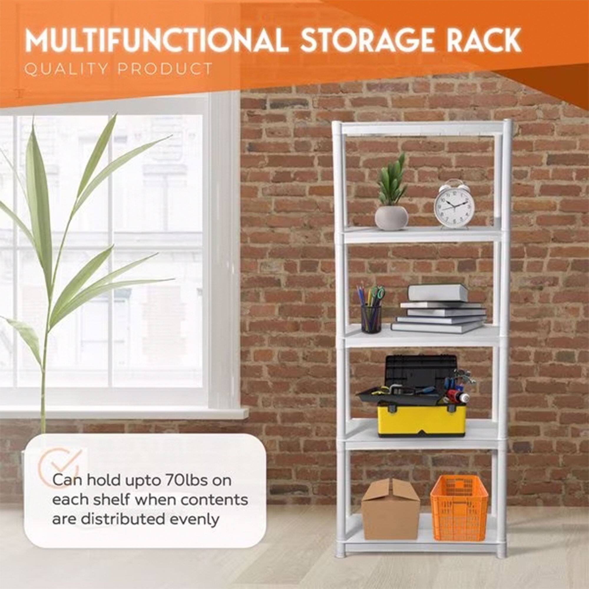 MULTIFUNCTIONAL STORAGE RACK  
QUALITY PRODUCT  

Can hold up to 70lbs on each shelf when contents are distributed evenly