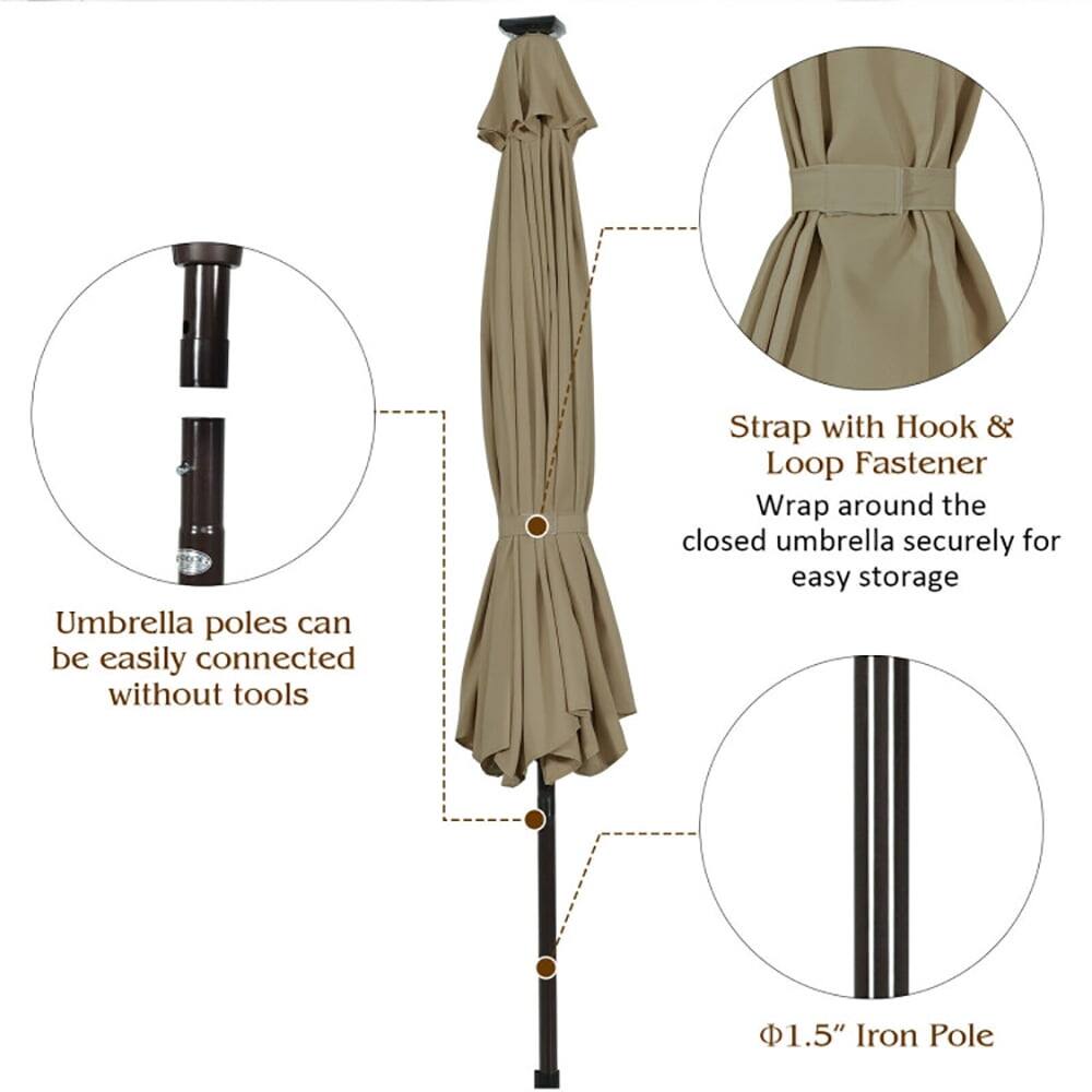 Umbrella poles can be easily connected without tools. Strap with Hook & Loop Fastener: Wrap around the closed umbrella securely for easy storage. 1.5" Iron Pole.