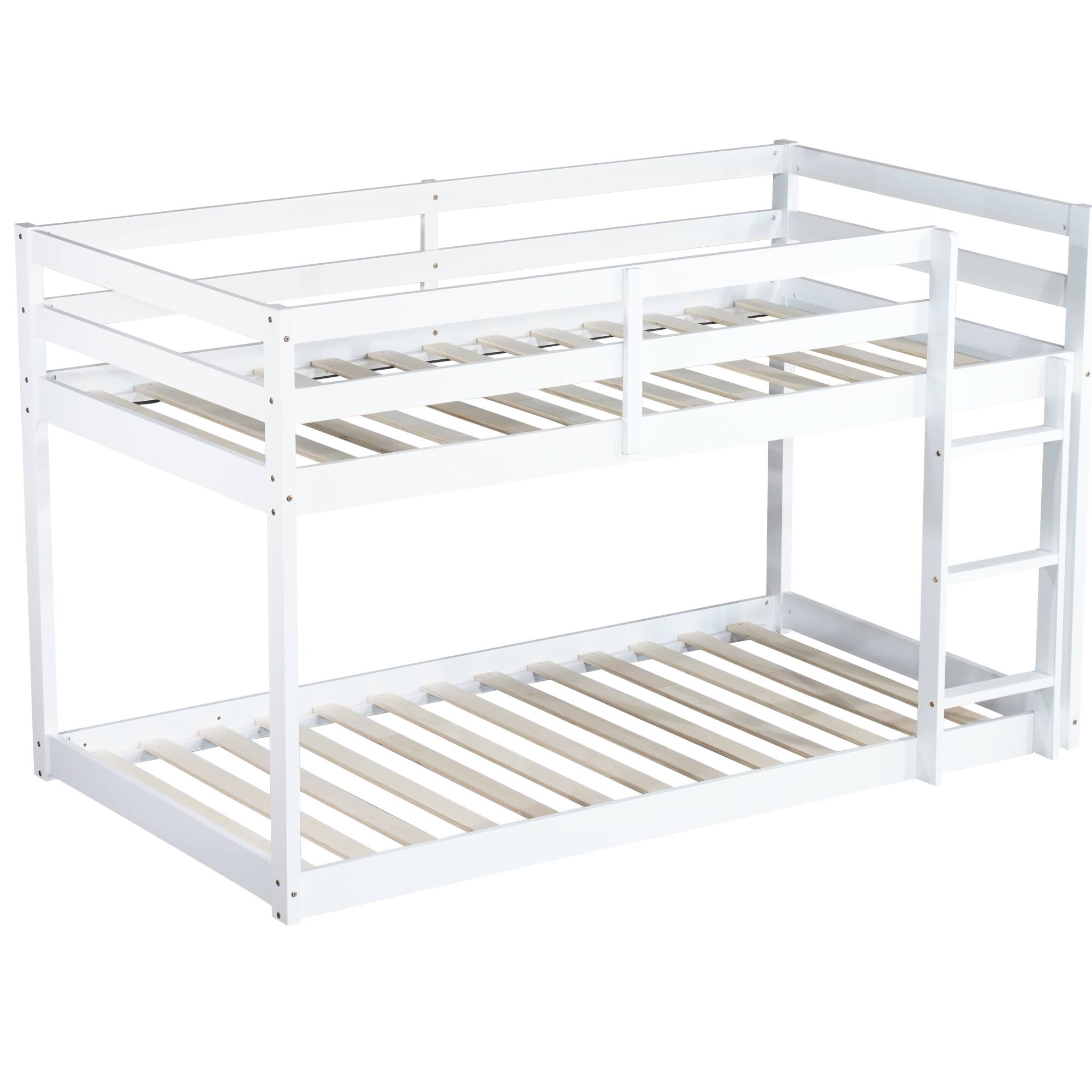 Alt View 2. GOODSILO - Solid Wood Twin Over Twin Floor Bunk Bed with Ladder and Strengthened Slats for Enhanced Stability - White.