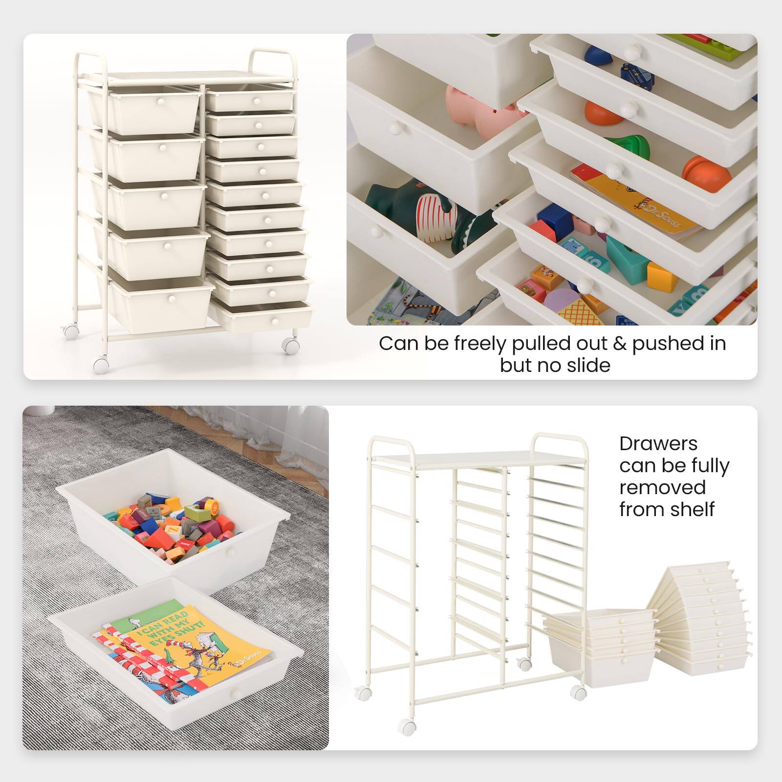 - Can be freely pulled out & pushed in but no slide
- Drawers can be fully removed from shelf