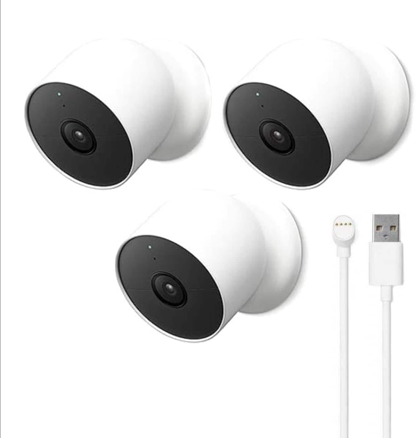Google - Nest Cam Outdoor or Indoor/Battery - 2nd Generation (3 Pack) + Extra Replacement Cable - White