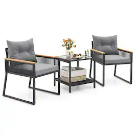 Pefilos - 3 Pieces Patio Furniture Set, Patio Set with 2 Tier Coffee Table and Soft Seat Cushions, Sturdy and Reliable PE Ratt - Gray