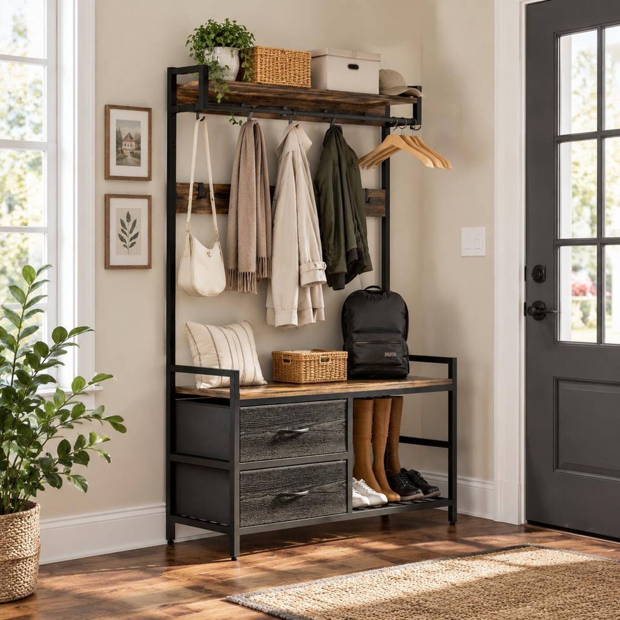 RYHNUYNE 33.1 in Wide 5 in 1 Hall Tree, Entryway Bench, Shoe Storage, 2 ...